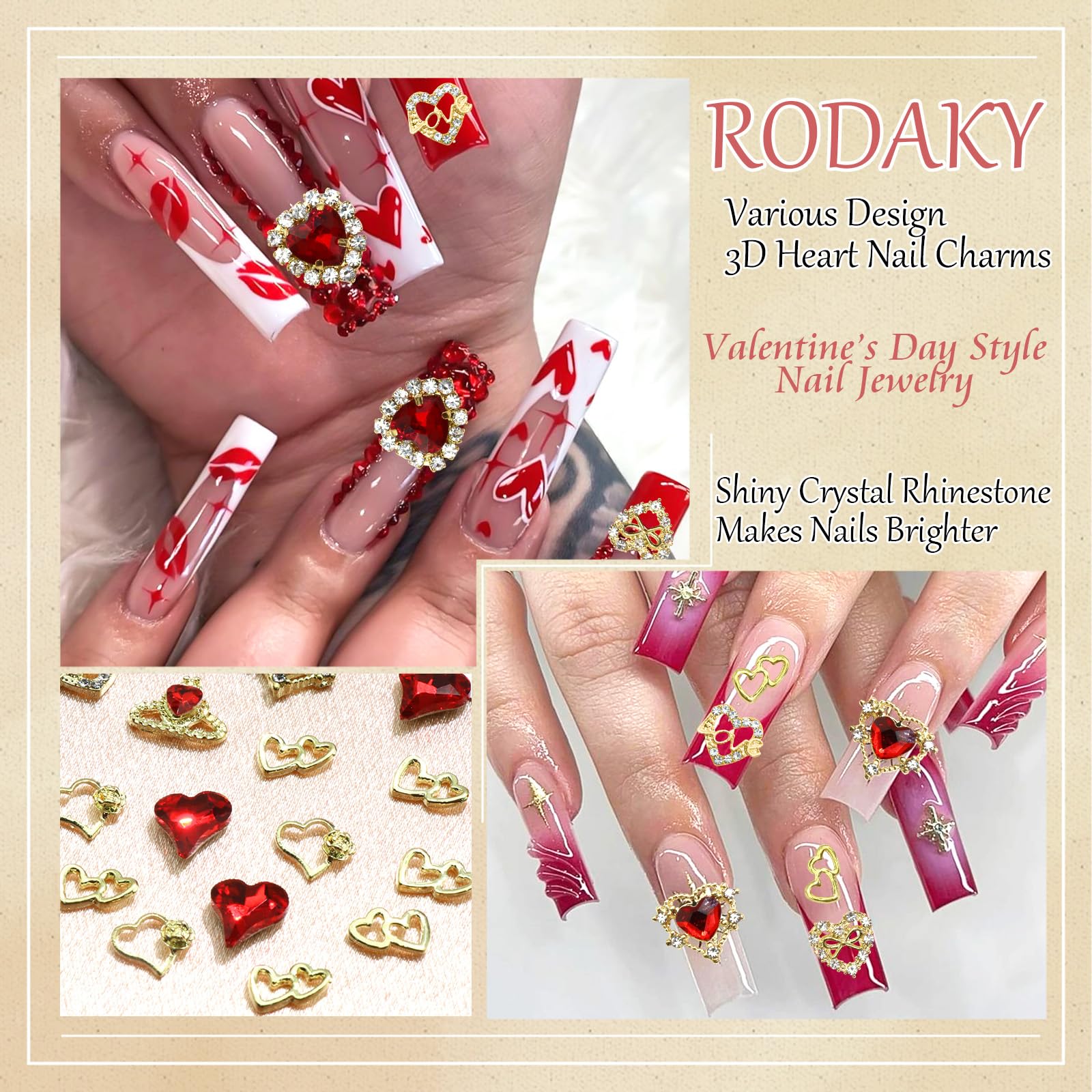 Rodaky 40Pcs Heart Nail Charms Valentine'S Day Nail Art Jewelry Red Crystal Rhinestone Nail Gems Metal Heart Charms For Acrylic