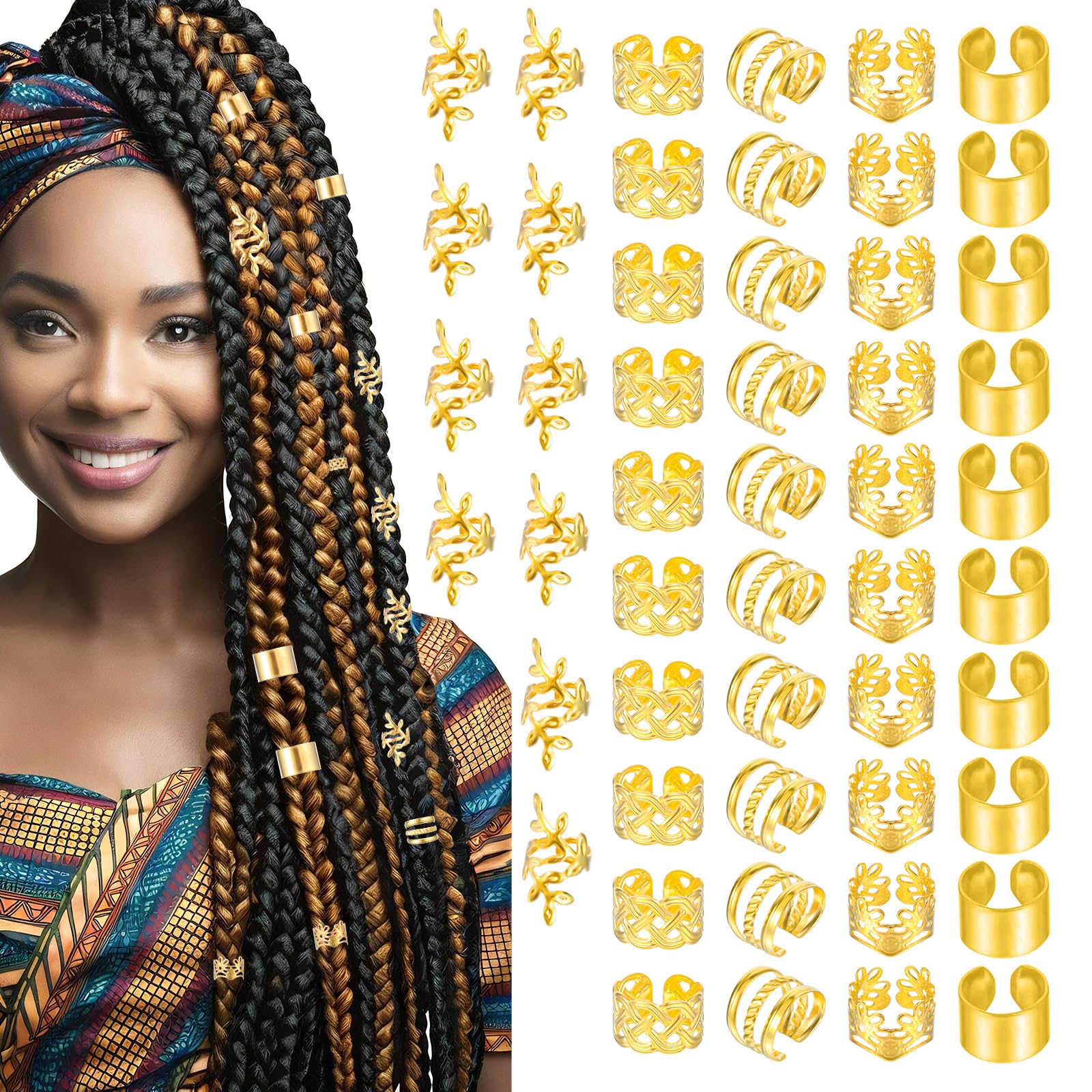 Tyqour 50pcs Gold Hair Jewelry, Loc Jewelry for Black Women, Hair Cuffs for Braids, Metal Hair Rings Charm Bead Clip for Braids 