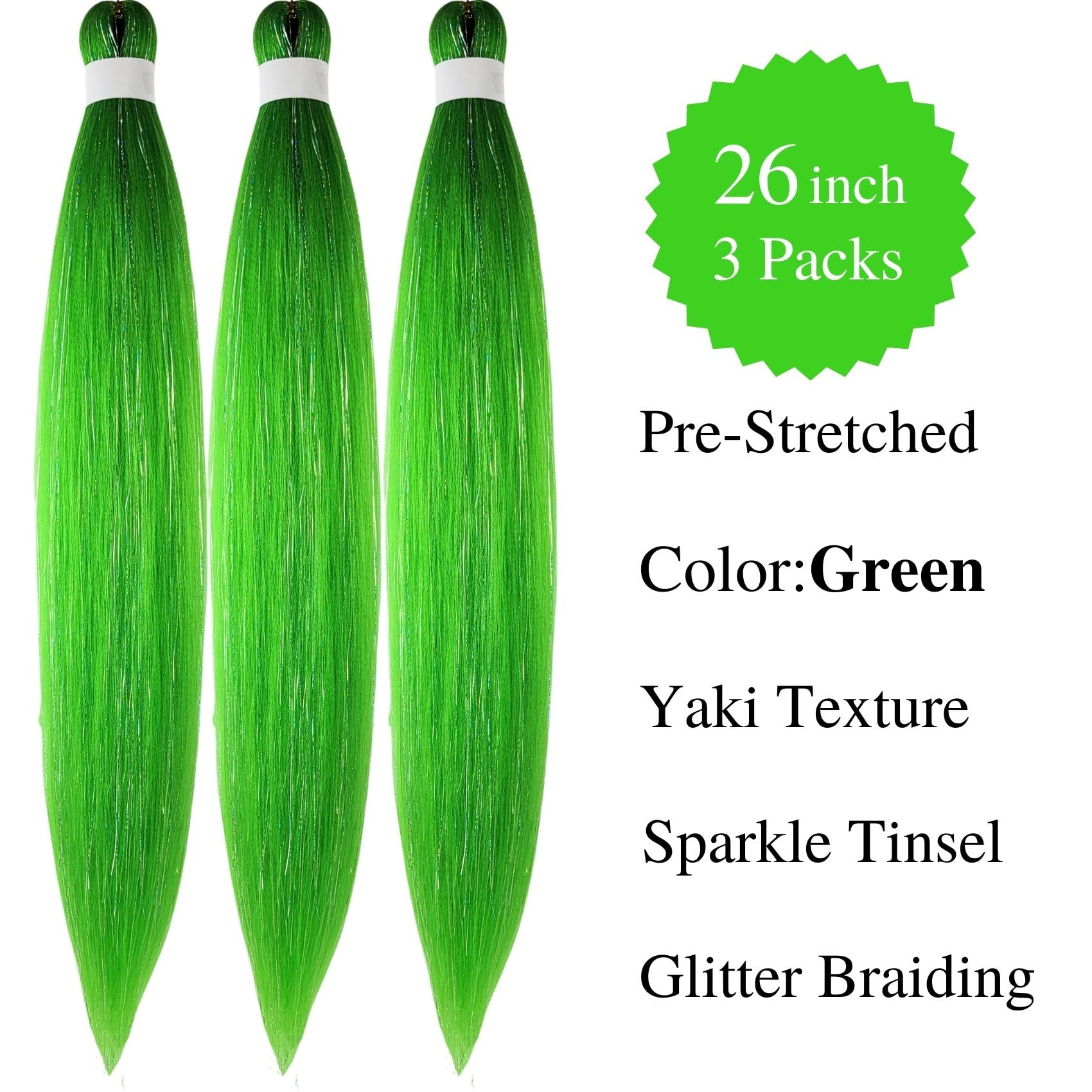 Gozill Neon Green Braiding Hair Pre Stretched Sparkle Tinsel Prestretched Braiding Hair Kanekalon Ez Braid Knotless Braiding Hai