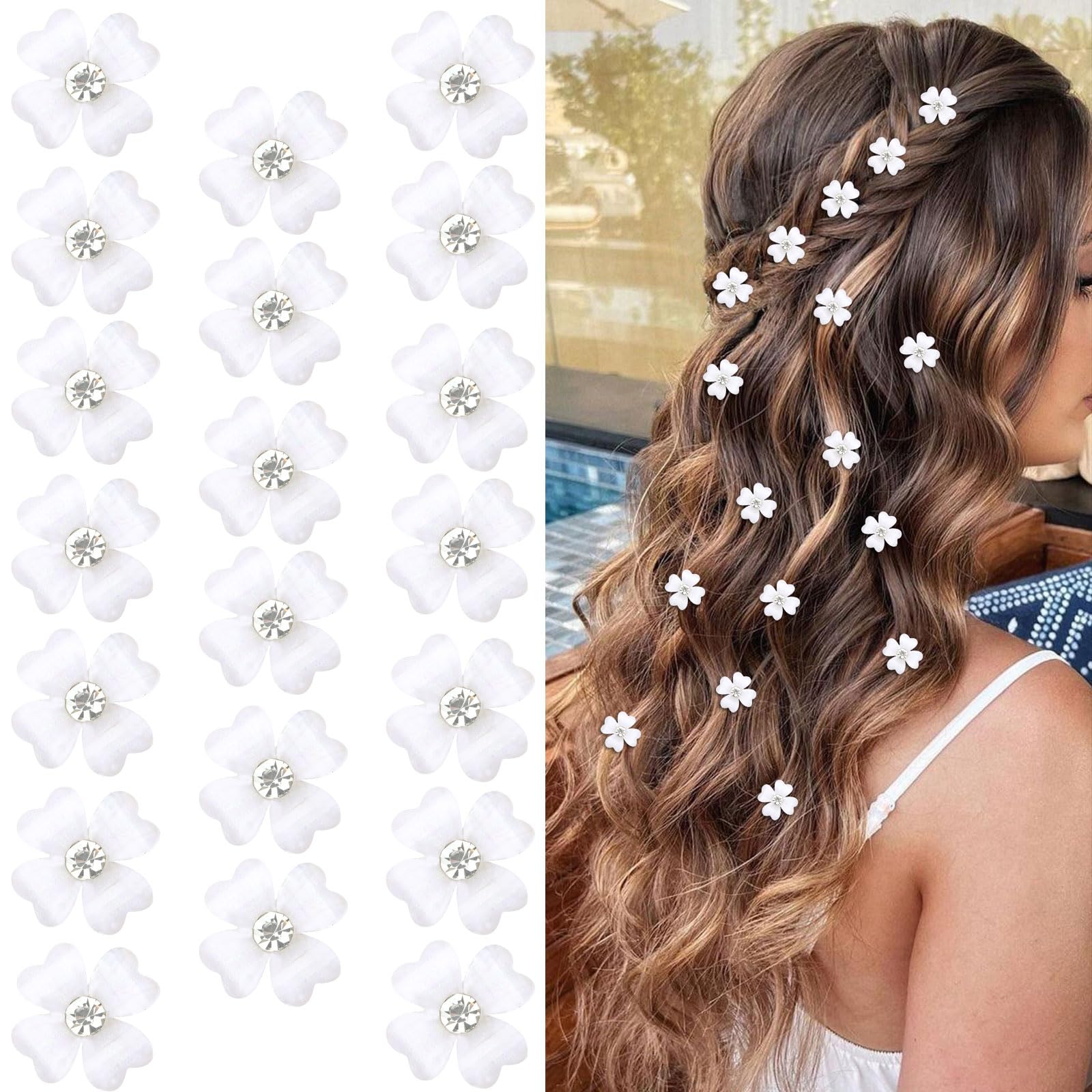 Wecoe 20 Pcs Small White Flower Hair Clips Girls Tiny Mini Clips for Hair Cute Decorative Hair Clips Four Petals Bling Hair Clip
