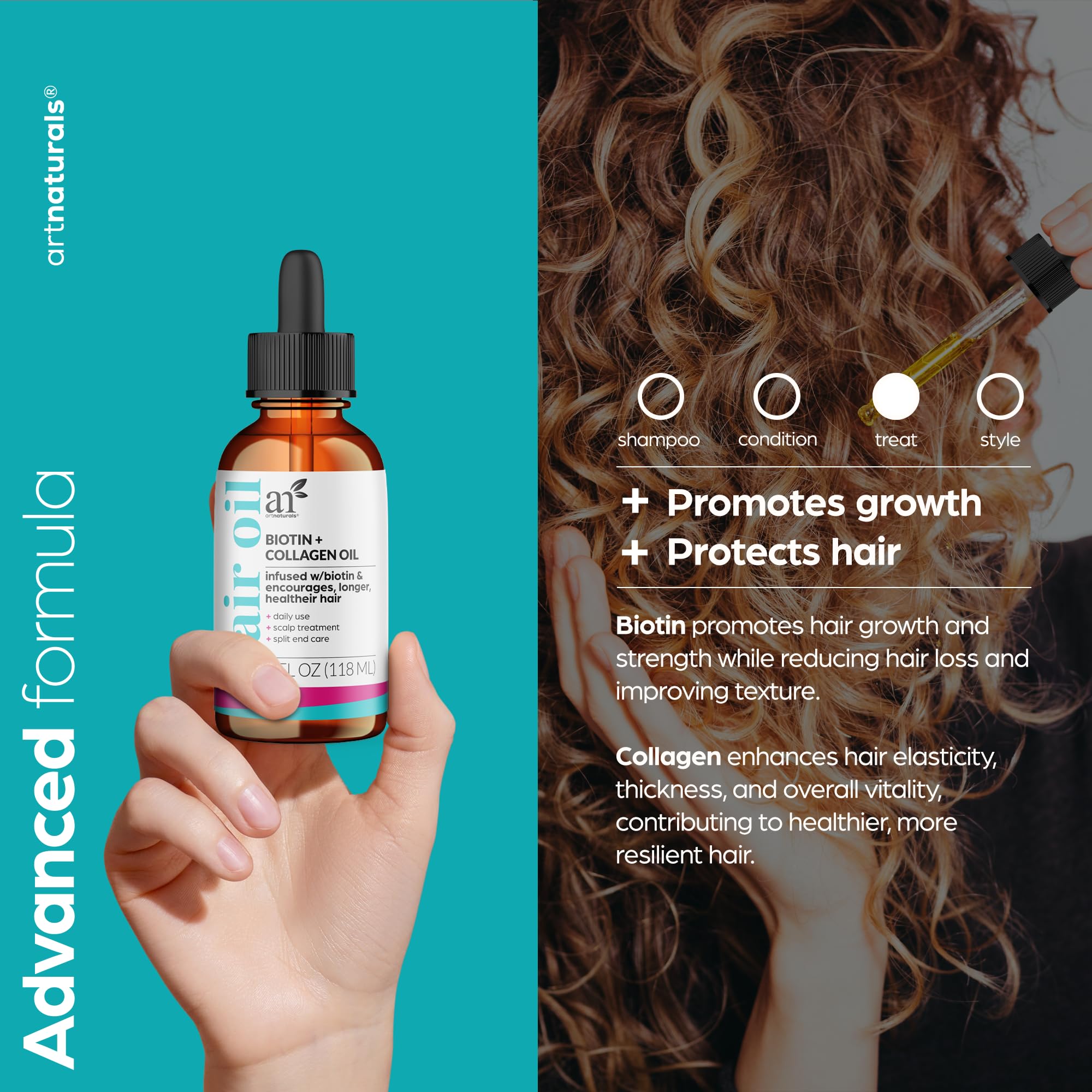 artnaturals Biotin Collagen Hair Oil 4.0oz - Growth Promoting Volumizing Formula - Reduce Hair Loss, Strengthens and Nourishes H