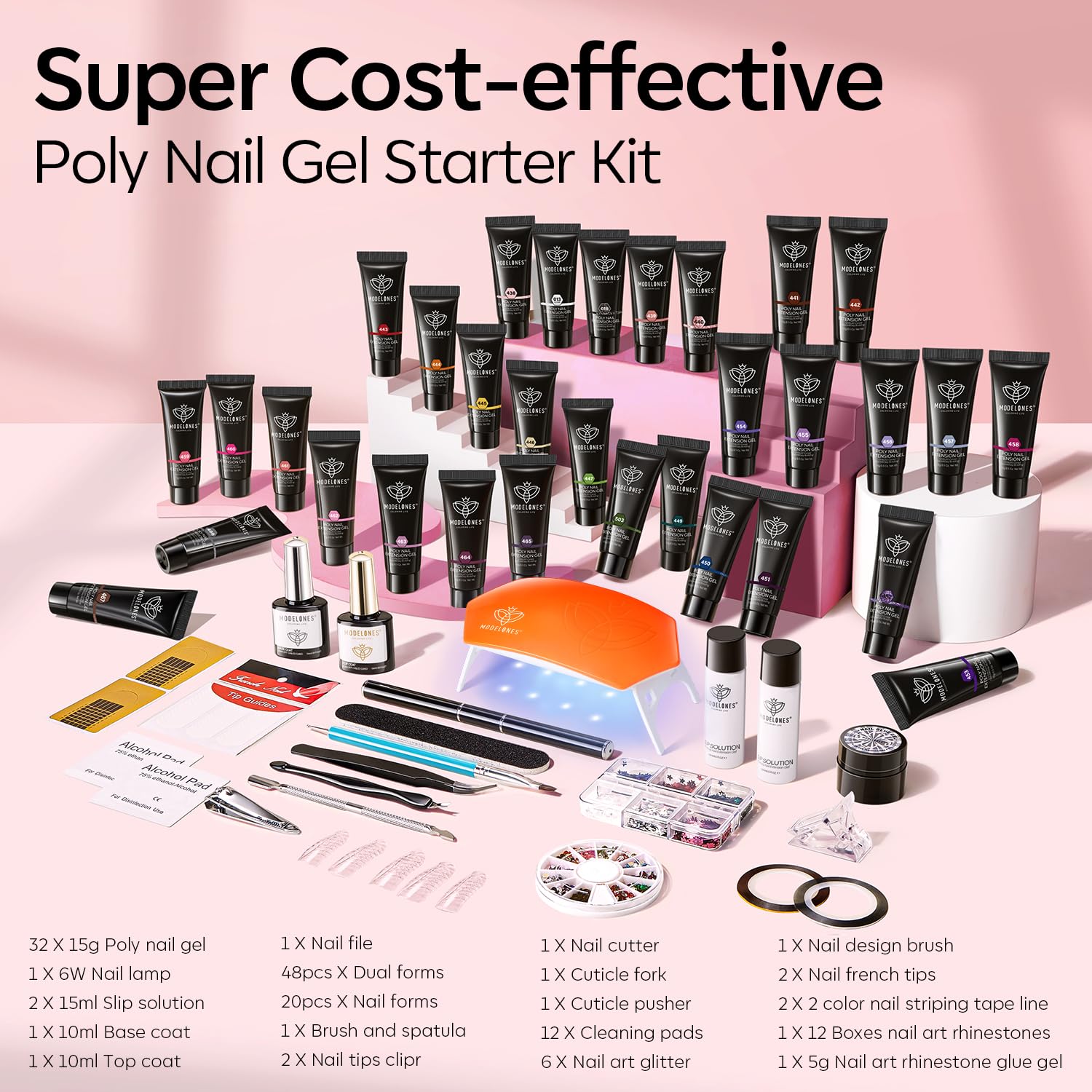 Modelones 133pcs Poly Nail Gel Kit - 32 Colors, 1 Fl Oz, Gel Material, Includes Nail Lamp & Tools for Beginners