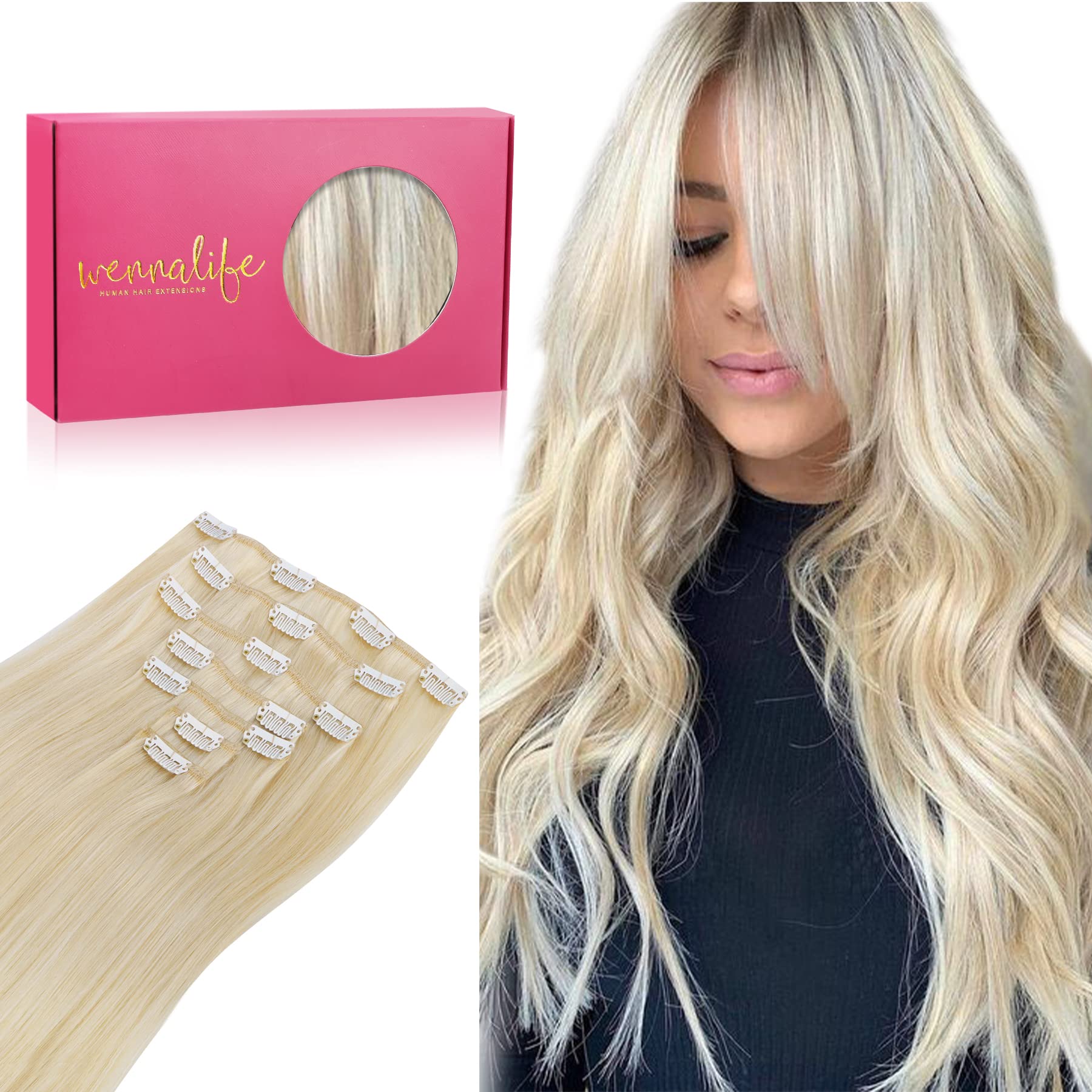 Wennalife Clip In Hair Extensions Real Human Hair, 20 Inch 120G 7Pcs Platinum Blonde Hair Extensions Clip In Human Hair Remy Cli