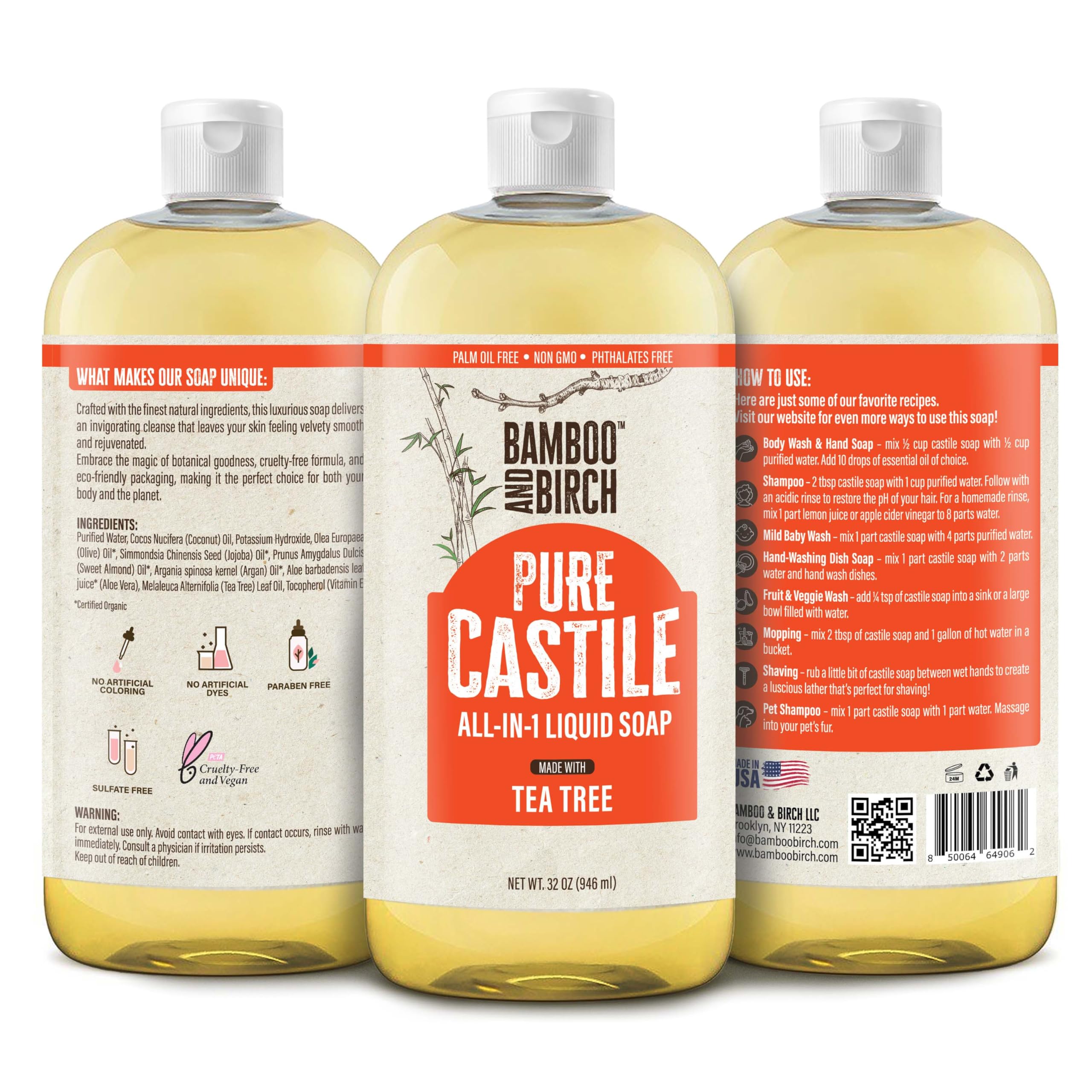 Bamboo And Birch Pure Castile Soap Liquid Organic, Certified Palm Oil Free Natural Soap, Tea Tree, 32 Oz