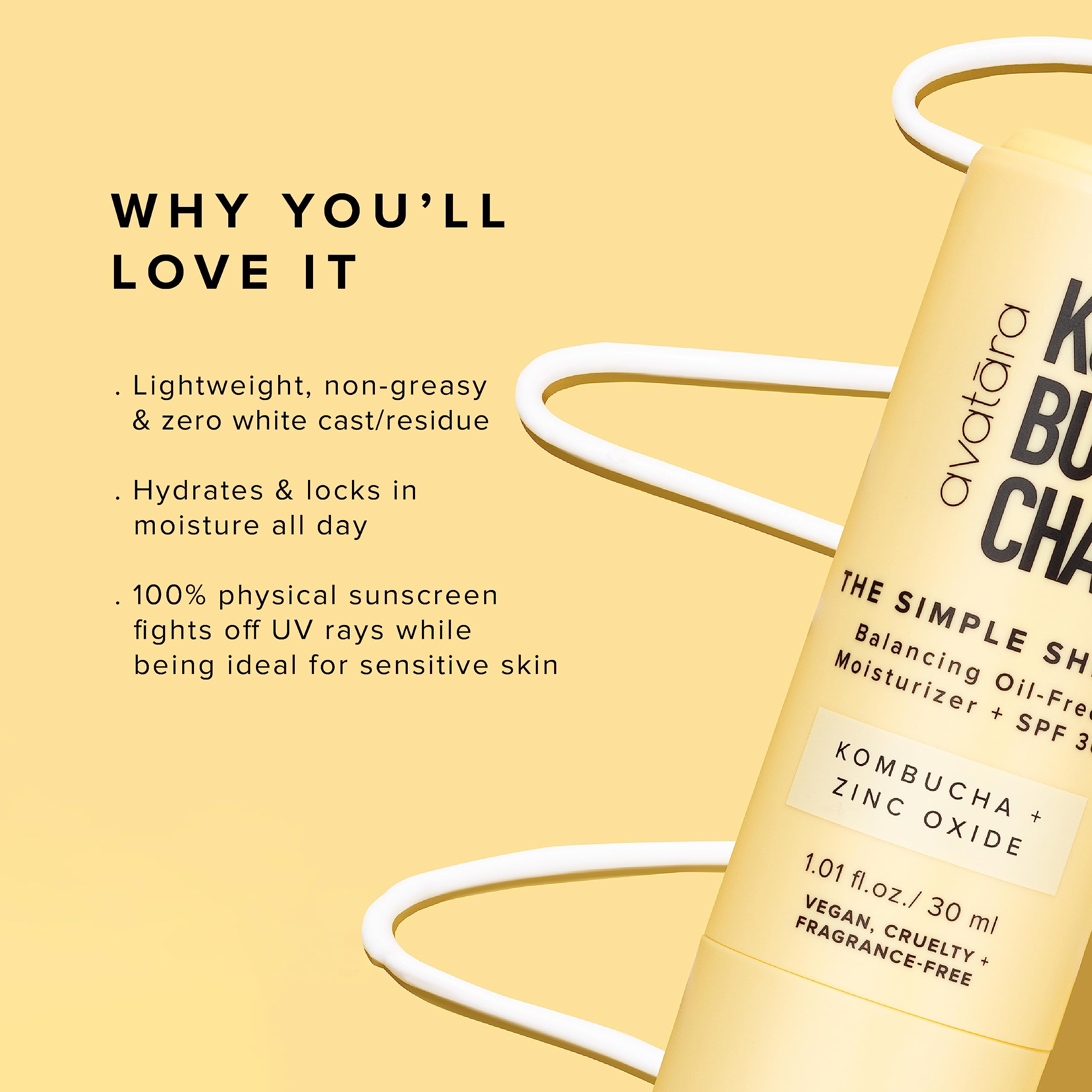 Avatara - Kombucha The Simple Shield Face Sunscreen, Zinc Oxide SPF Moisturizer Face Sunscreen, Face Moisturizer with BHA and Hy