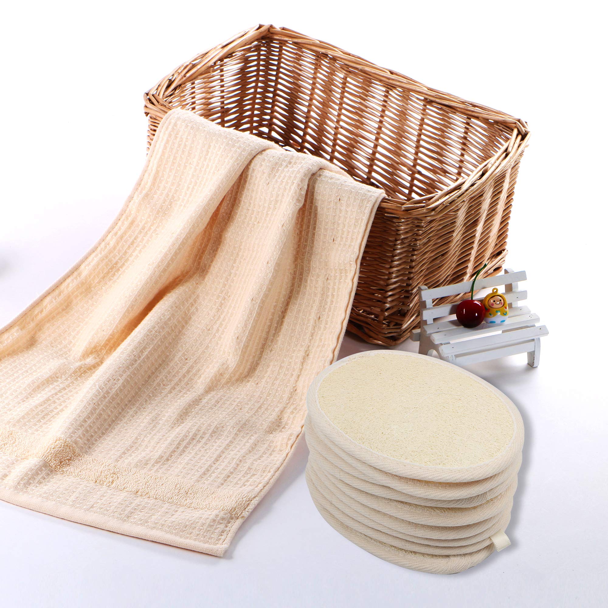 10 Packs Exfoliating Loofah Sponge Pads,Large 4x5.7-100% Natural Luffa and Terry Cloth Materials,Loofa Sponge Scrubber Body Glov