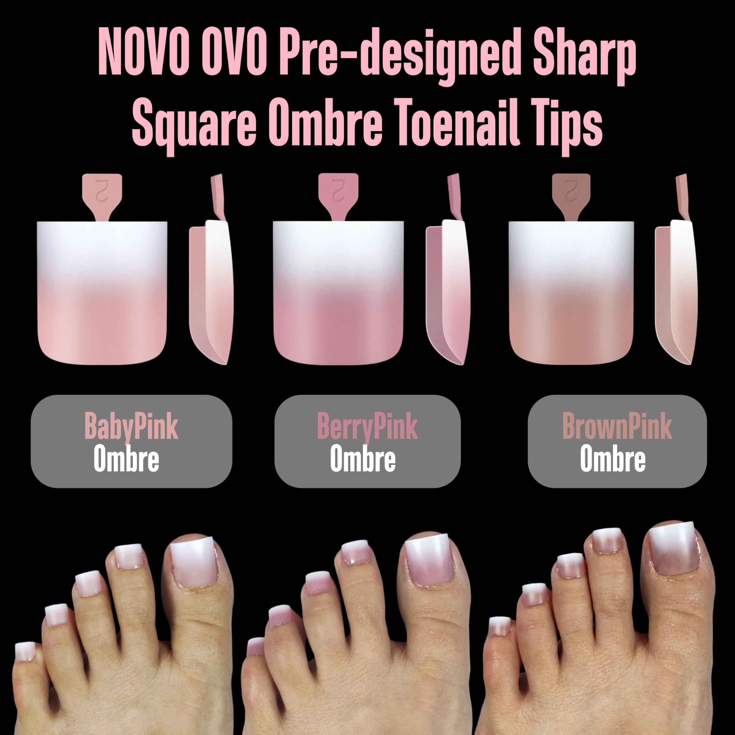 NOVO OVO Ombre French Tip Press on Toe Nail Tips, Sharp Square Pre-Designed Soft Gel False Toenail Extension, BERRY PINK Pre-app