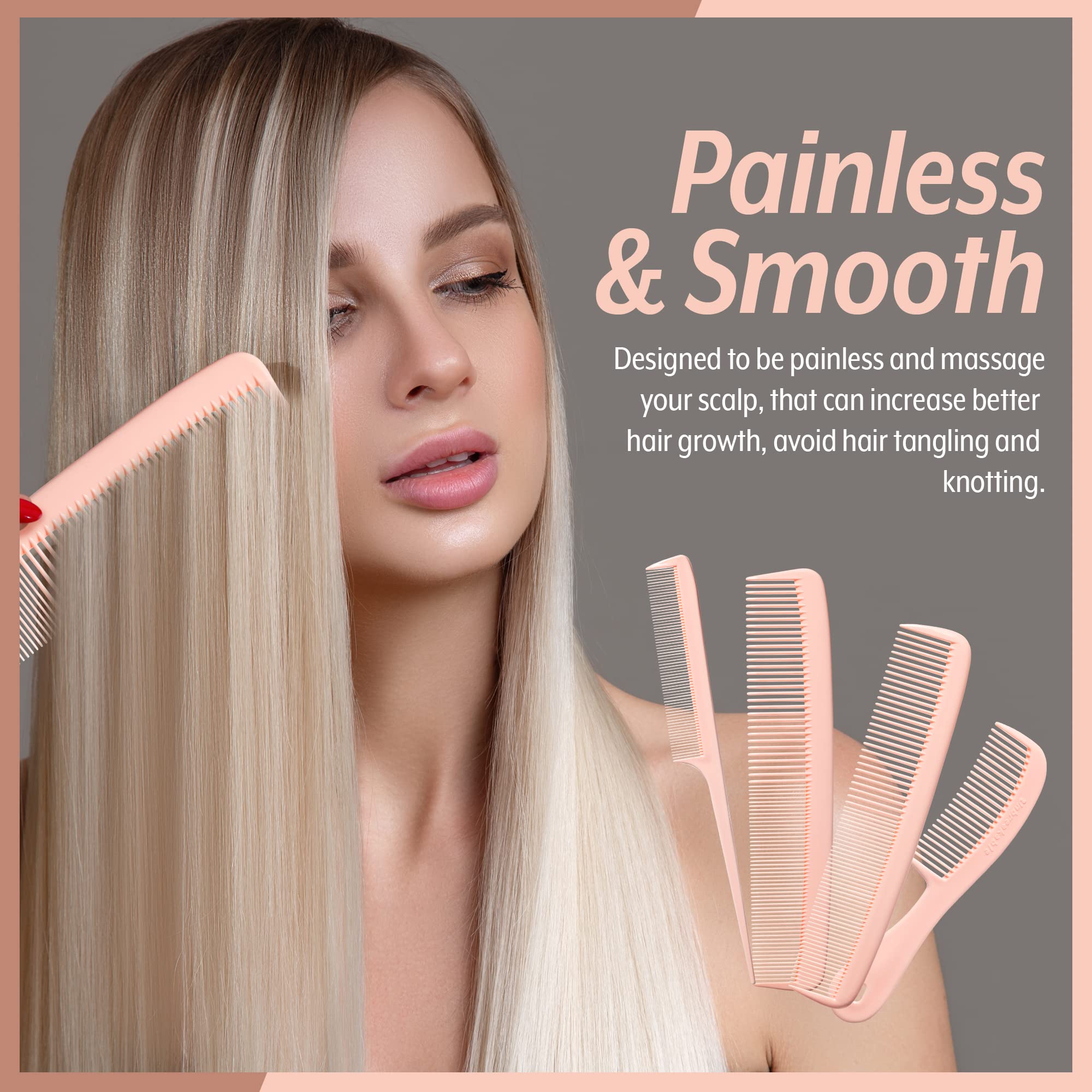 Mars Wellness 4 Piece Professional Comb Set Peach Pastel - USA MADE - Fine Pro Tail Combs, Dresser Hair Comb Styling Comb - Prem