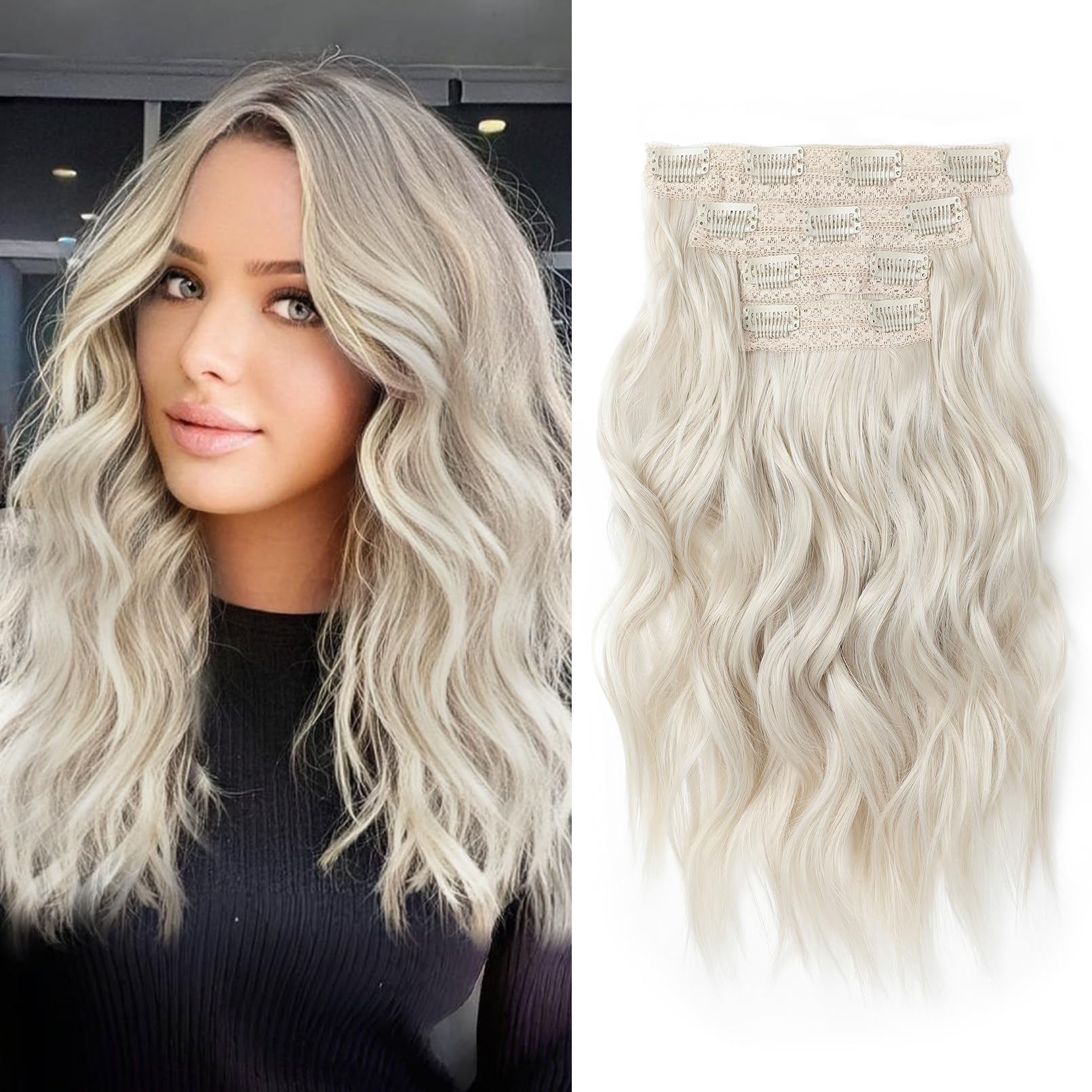NTYNTY Hair Extensions, 14'' Short Clip in Hair Extensions 4PCS Beach Wave Platinum Blonde Hair Extensions Natural Soft Syntheti