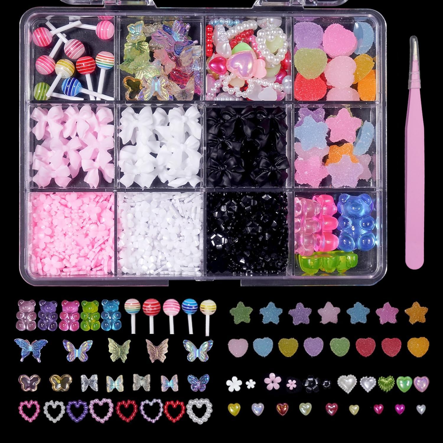 3D Pink White Black Assorted Bows Bears Pearls Nail Charms Heart Butterfly Blossom Flowers Bowknots Acrylic Nail Art Charms for 