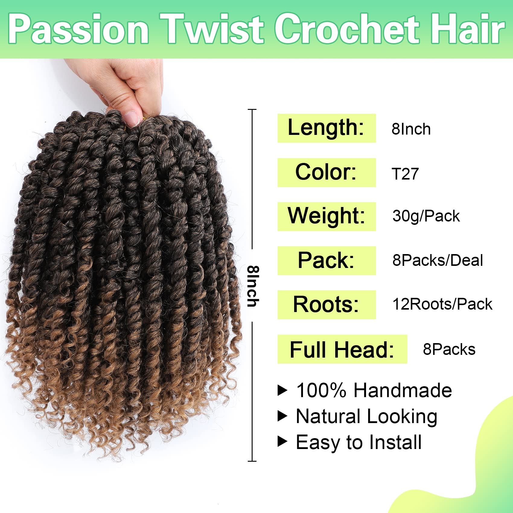 Passion Twist Crochet Hair 8Inch Passion Twist Hair 8 Packs Pre-Twisted Short Passion Twist Crochet Hair For Black Women Soft Pa