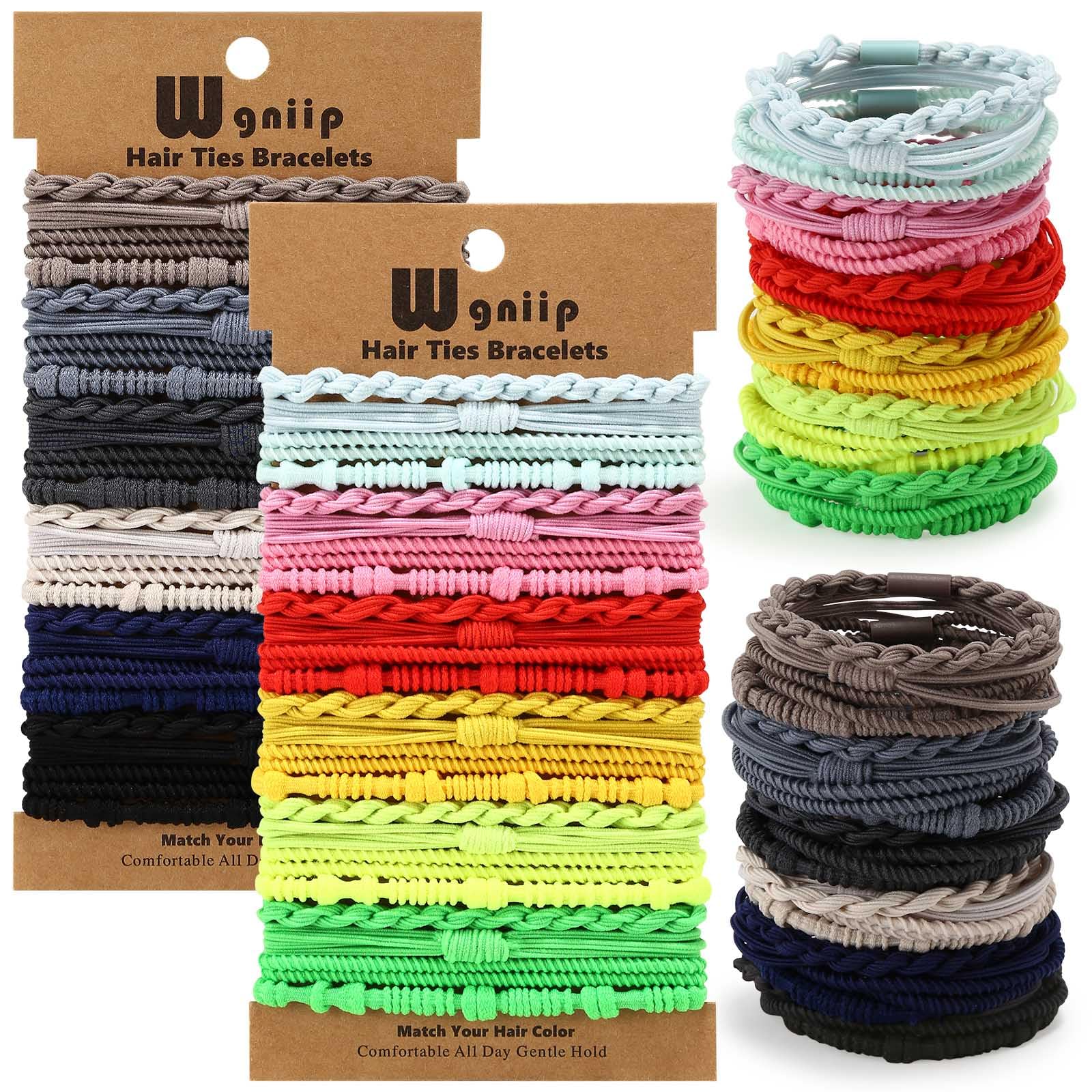 Wgniip 48 Pcs Boho Hair Ties for Women, 4 Styles Cute Hair Tie Bracelet for Thin and Thick Hair/Pony Tails, Green and Brown Hair