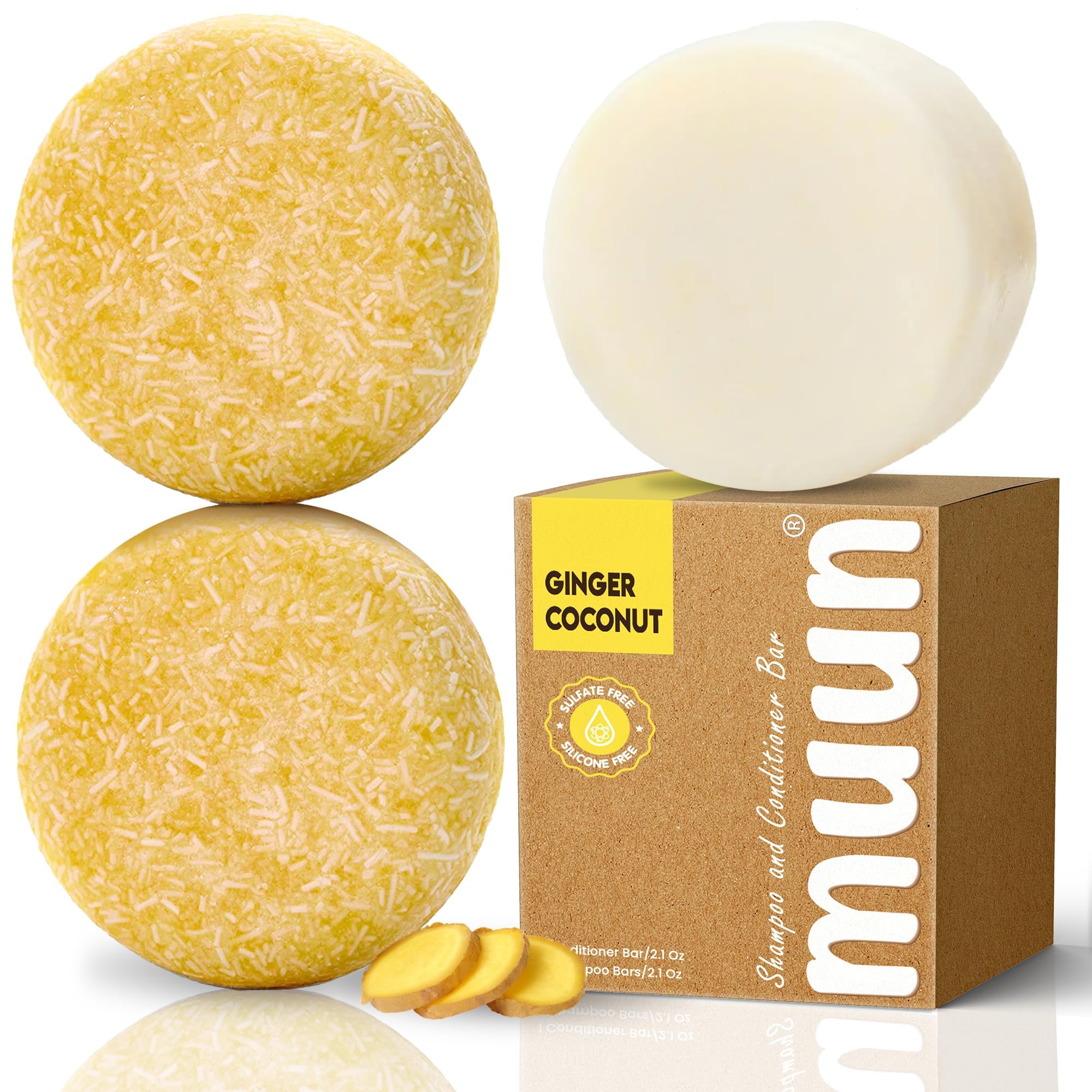 Muun Ginger Shampoo and Conditioner Bar Pack 3 - Hair Growth & Regrowth, Anti Hair Loss, Strengthen & Volumize, pH Balanced - Su