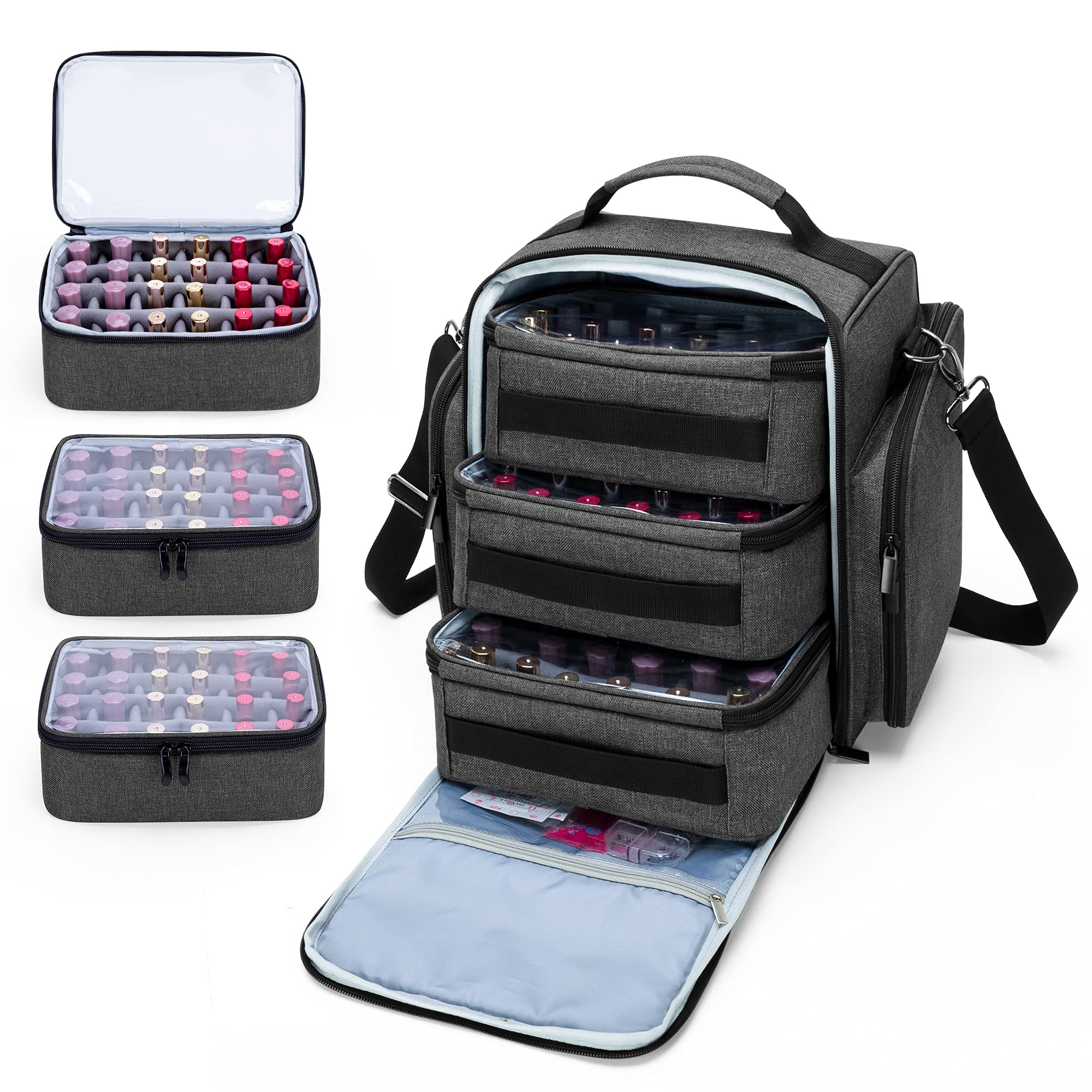 BAFASO Nail Polish Organizer Holds 72 Bottles (15ml - 0.5 fl.oz), Large Nail Polish Case with 3 Removable Pouches and Multiple S