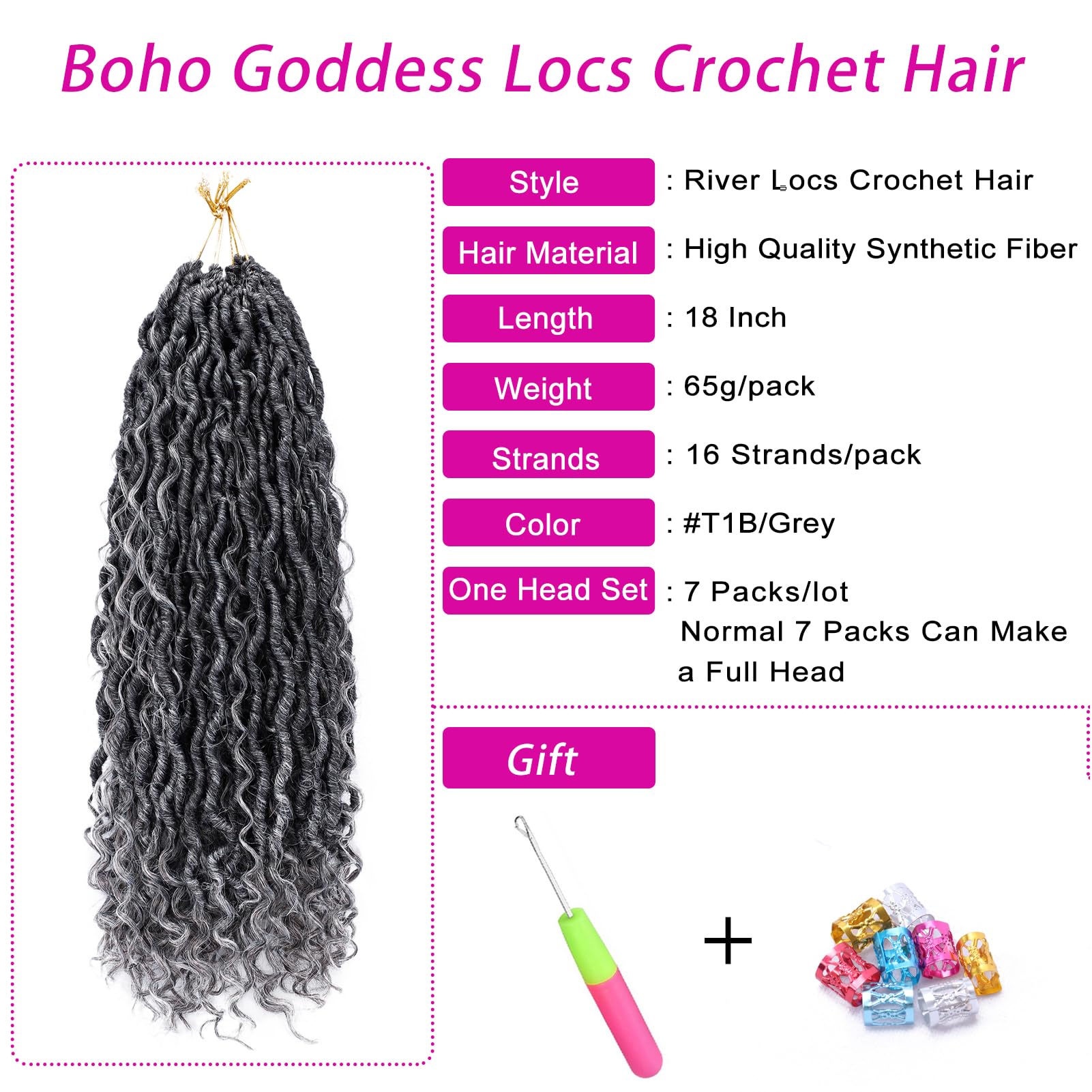 Goddess Locs Crochet Hair 18 Inch 7 Packs Ombre Grey Boho Faux Locs Crochet Hair For Black Women Pre Looped Crochet Locs With Cu