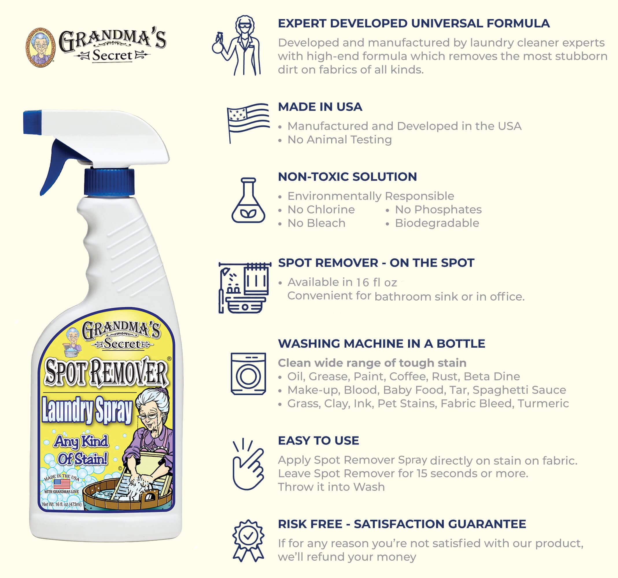 Grandma's Secret Stain Remover - Chlorine-Free, 16 oz Spray Bottle, 2 Pack - Removes Oil, Paint, Blood & Pet Stains