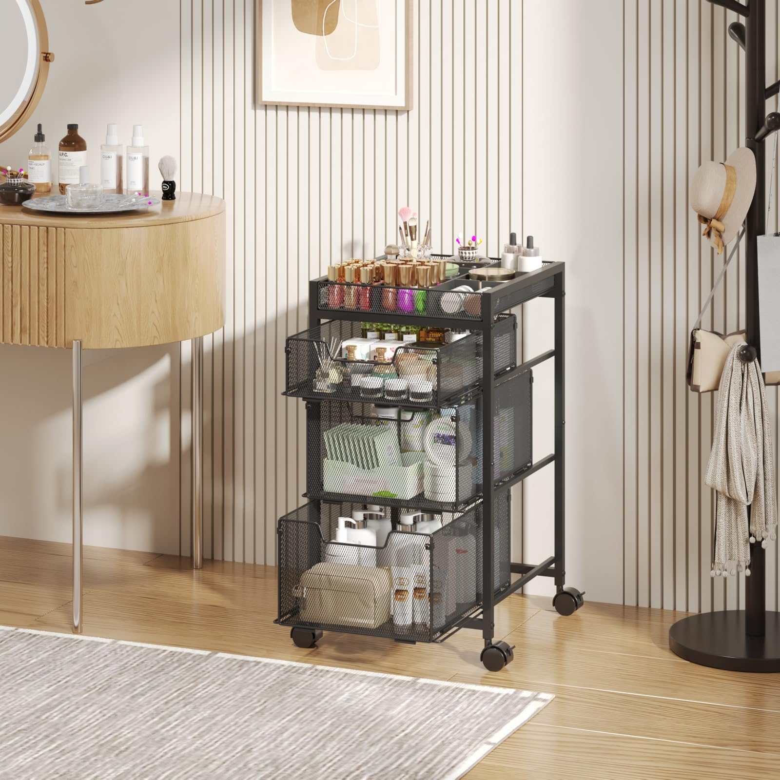 JKsmart Rolling Makeup Cart Organizer with 3 Drawers, Cosmetics Display with Dividers, Floor Skincare Storage with Wheels, Versa