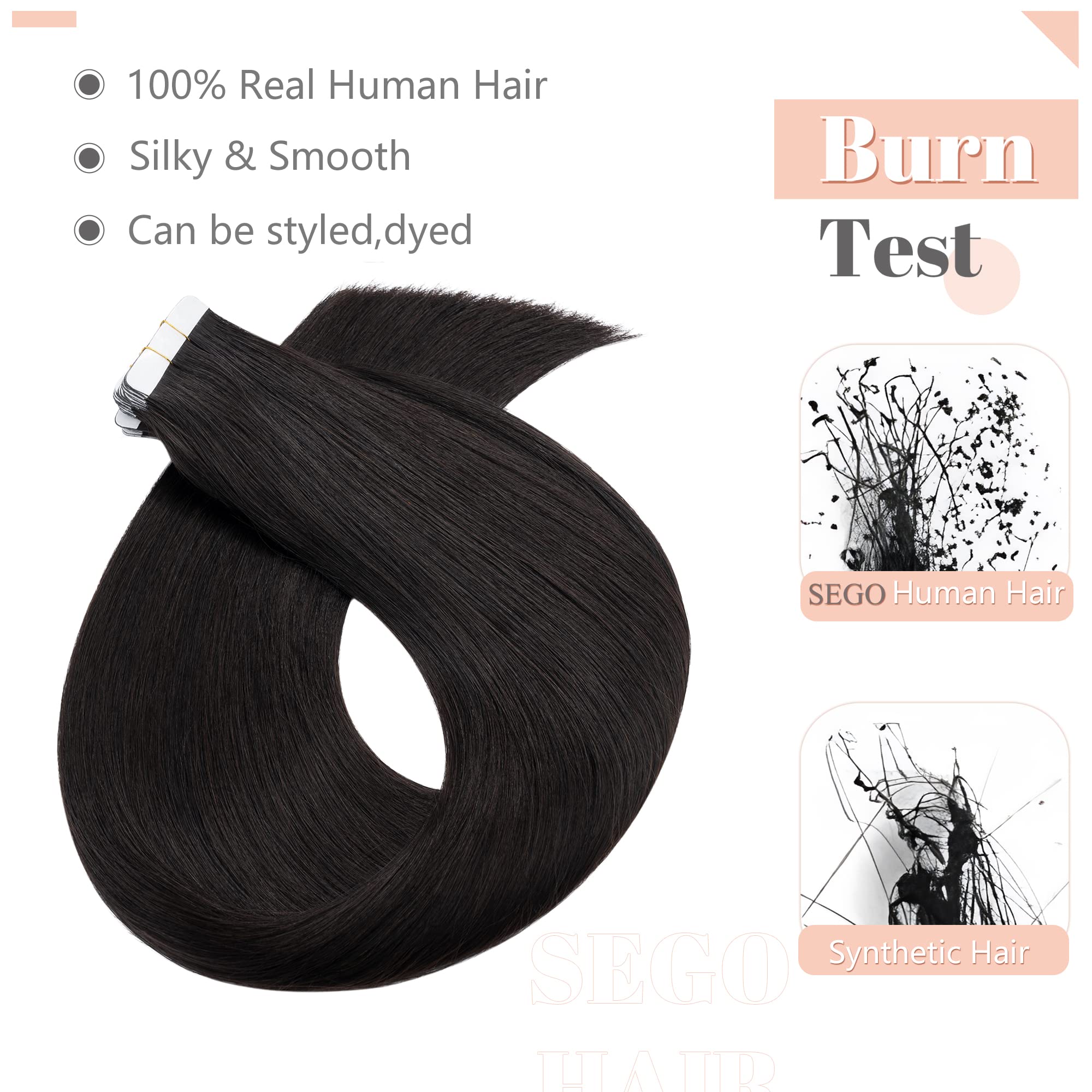 Sego Tape In Hair Extensions Human Hair 22 Inch Natural Black 20Pcs 50G Straight Natural 100% Remy Rooted Seamless Skin Weft Inv