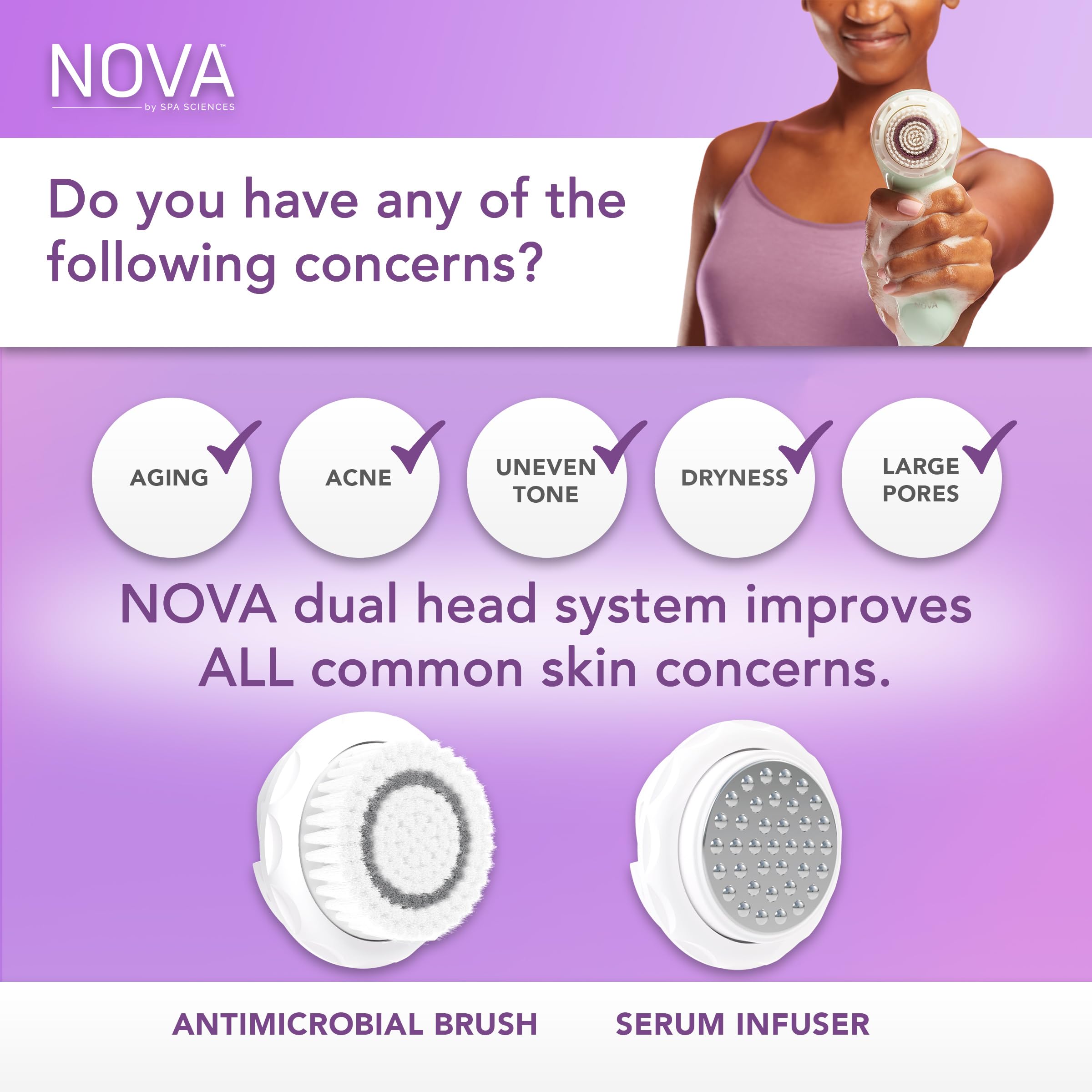Spa Sciences - Nova - Sonic Cleansing Brush With Bristles & Infusion System - Anti-Aging Facial Exfoliating, Waterproof, And Usb