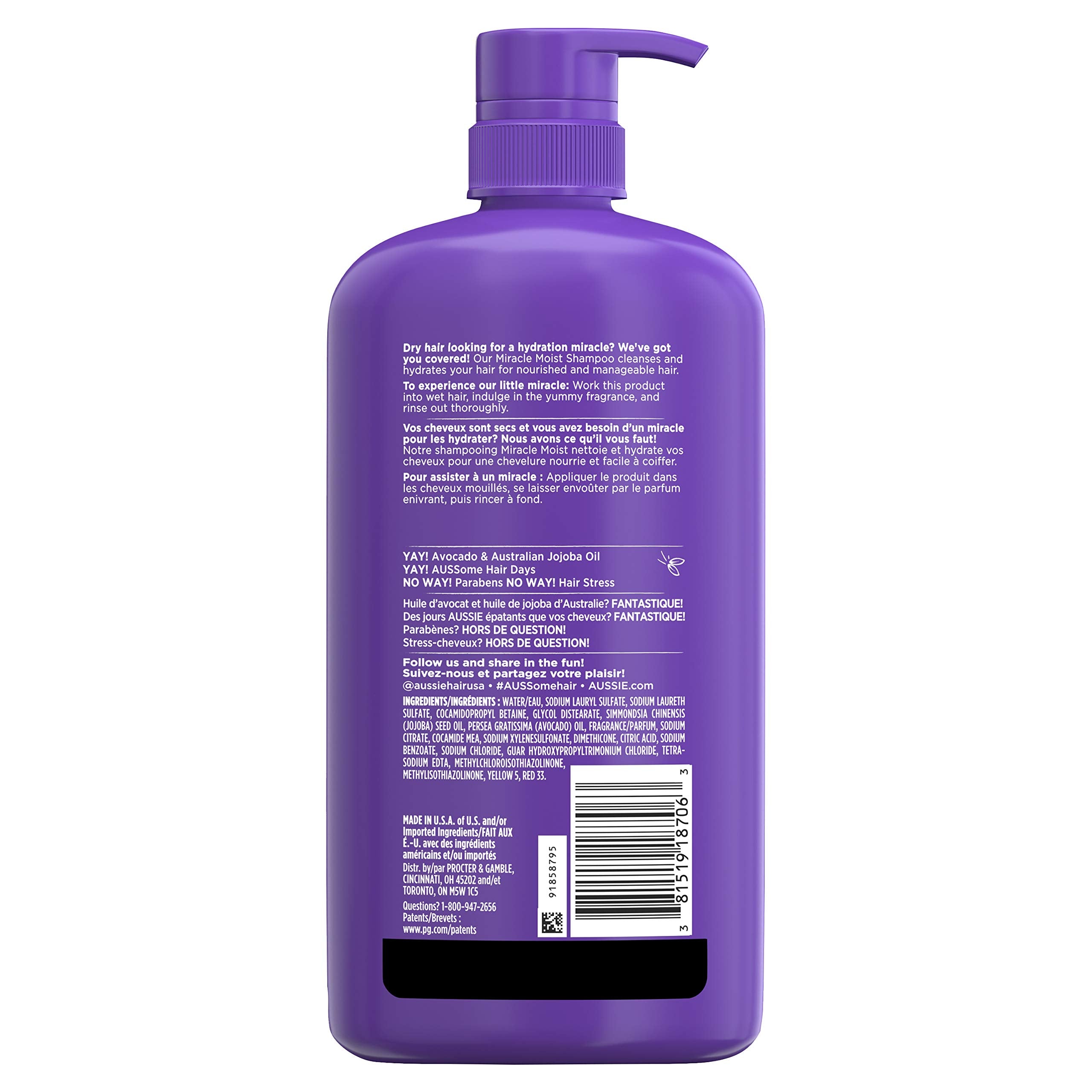 Aussie Paraben-Free Miracle Moist Shampoo with Avocado & Jojoba for Dry Hair, 30.4 Fluid Ounce, (Pack of 4)