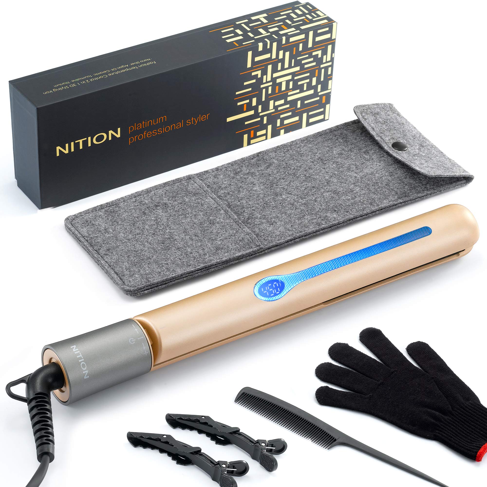 NITION Ceramic Tourmaline Hair Straighteners LCD Flat Iron MCH Fast Heating Up. Healthy Home Straightening Styling Tools with Tr