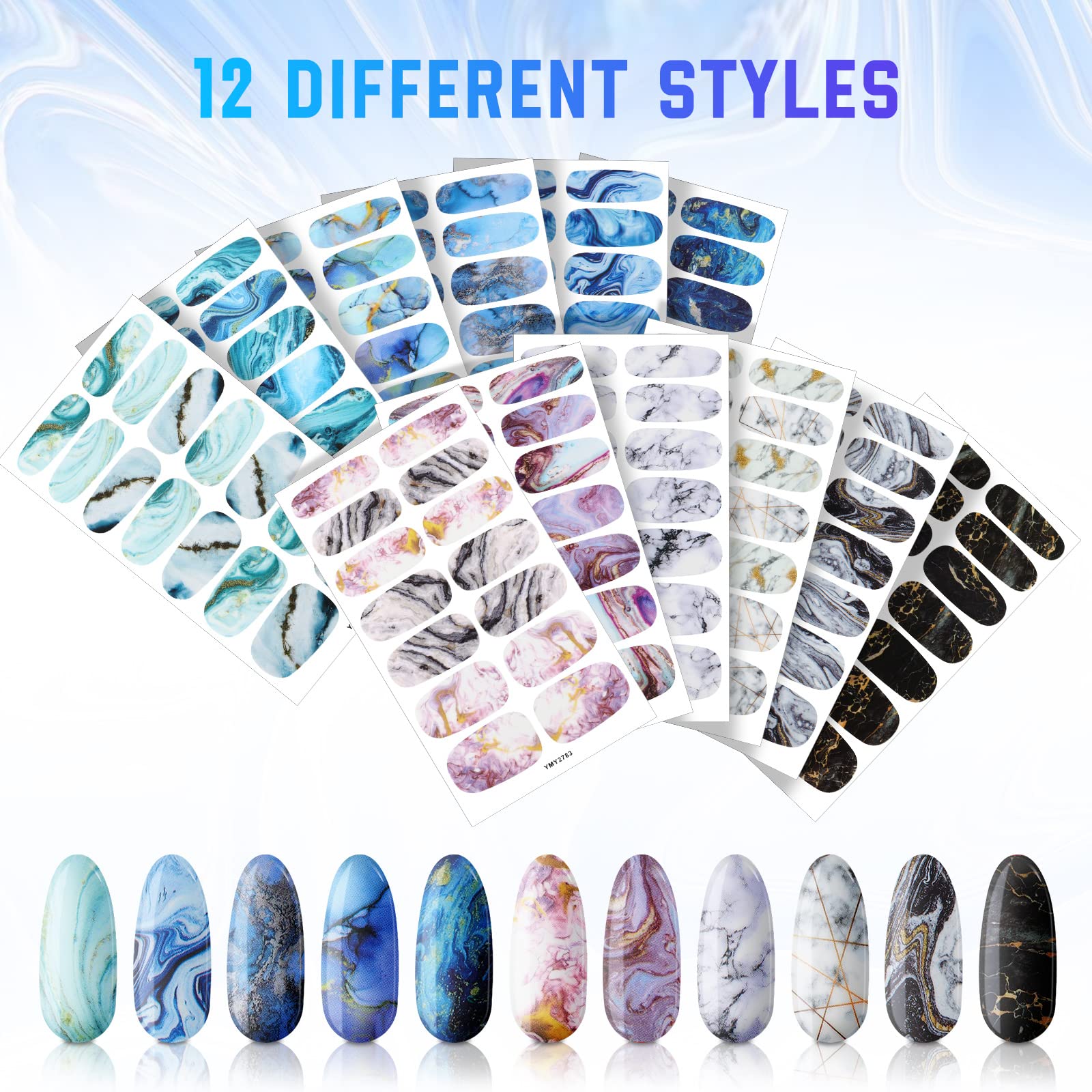Maitys 168 Pieces 12 Sheets Full Wrap Nail Polish Stickers Self Adhesive Glitter Gradient Marble Color Nail Decal Strips With Gl