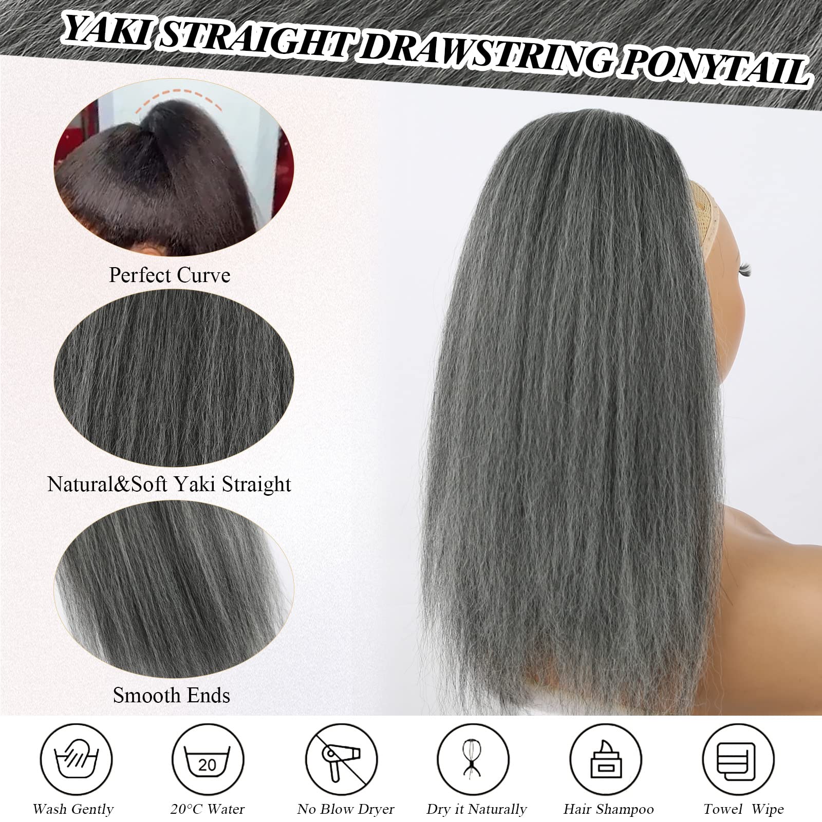 Leosa Salt And Pepper Drawstring Ponytail For Black Women Gray Ponytail Extension Short Kinky Straight Ponytail Drawstring Yaki