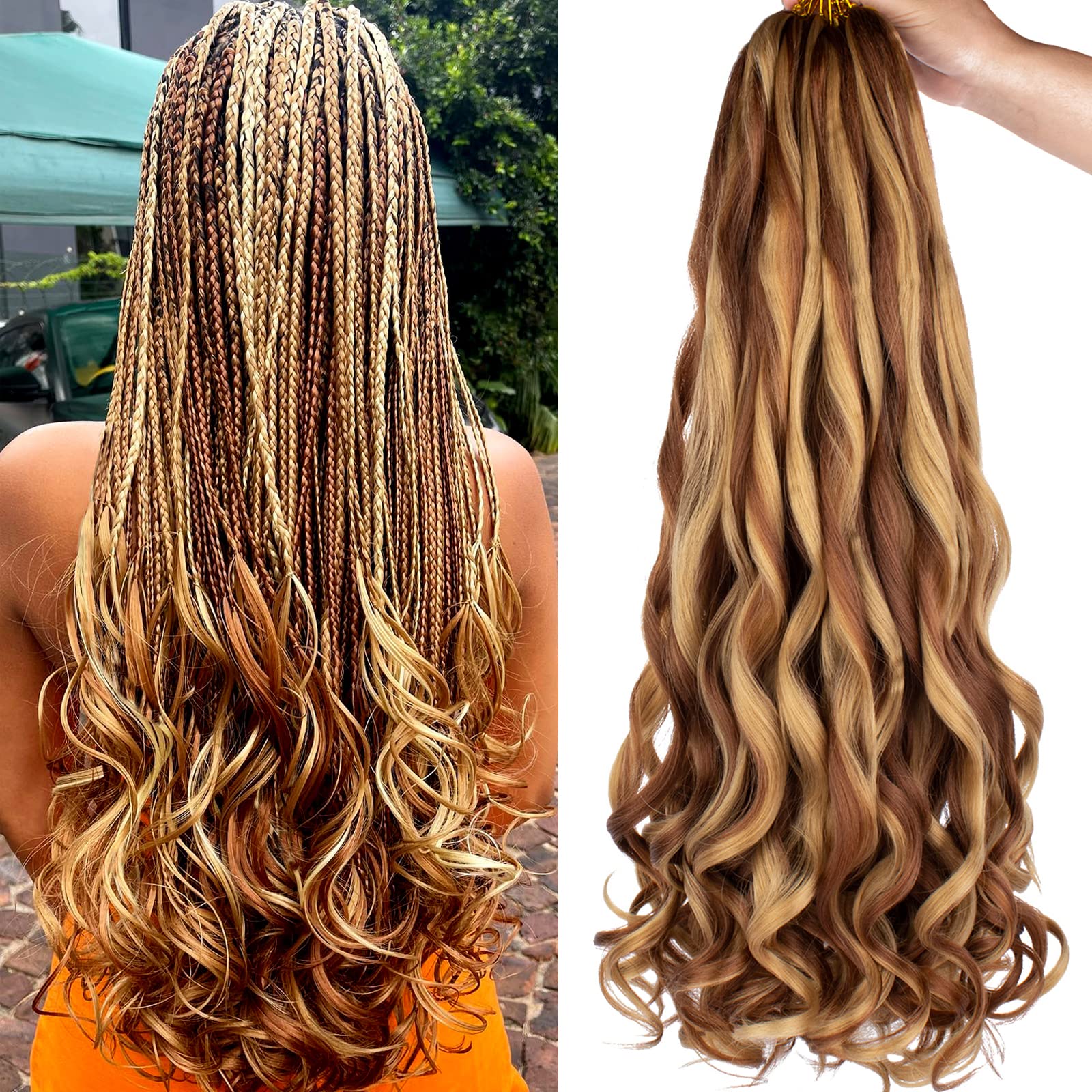 COOKOO 9 Packs Pre Stretched French Curls Bouncy Braiding Hair 22 Inch Mix Blond and Brown Spiral Curls Braid Hair with Curly En