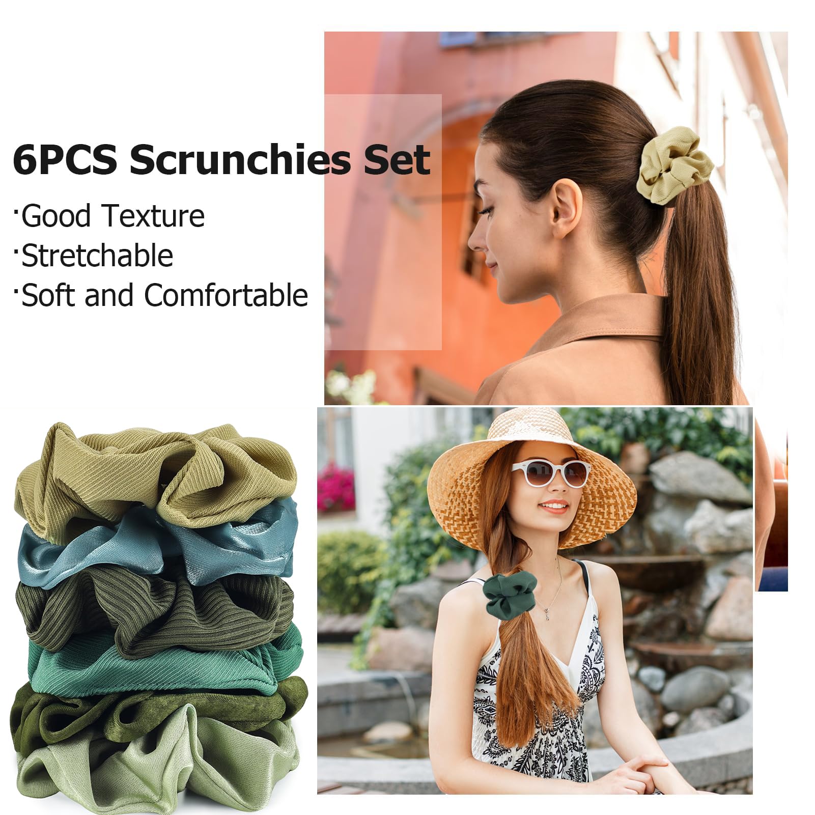 Scrunchies for Women 6PCS Satin Scrunchies for Thick Hair Ultra Textured Soft Silk Scrunchy Hair Ties for Girls Neutral Scrunchi