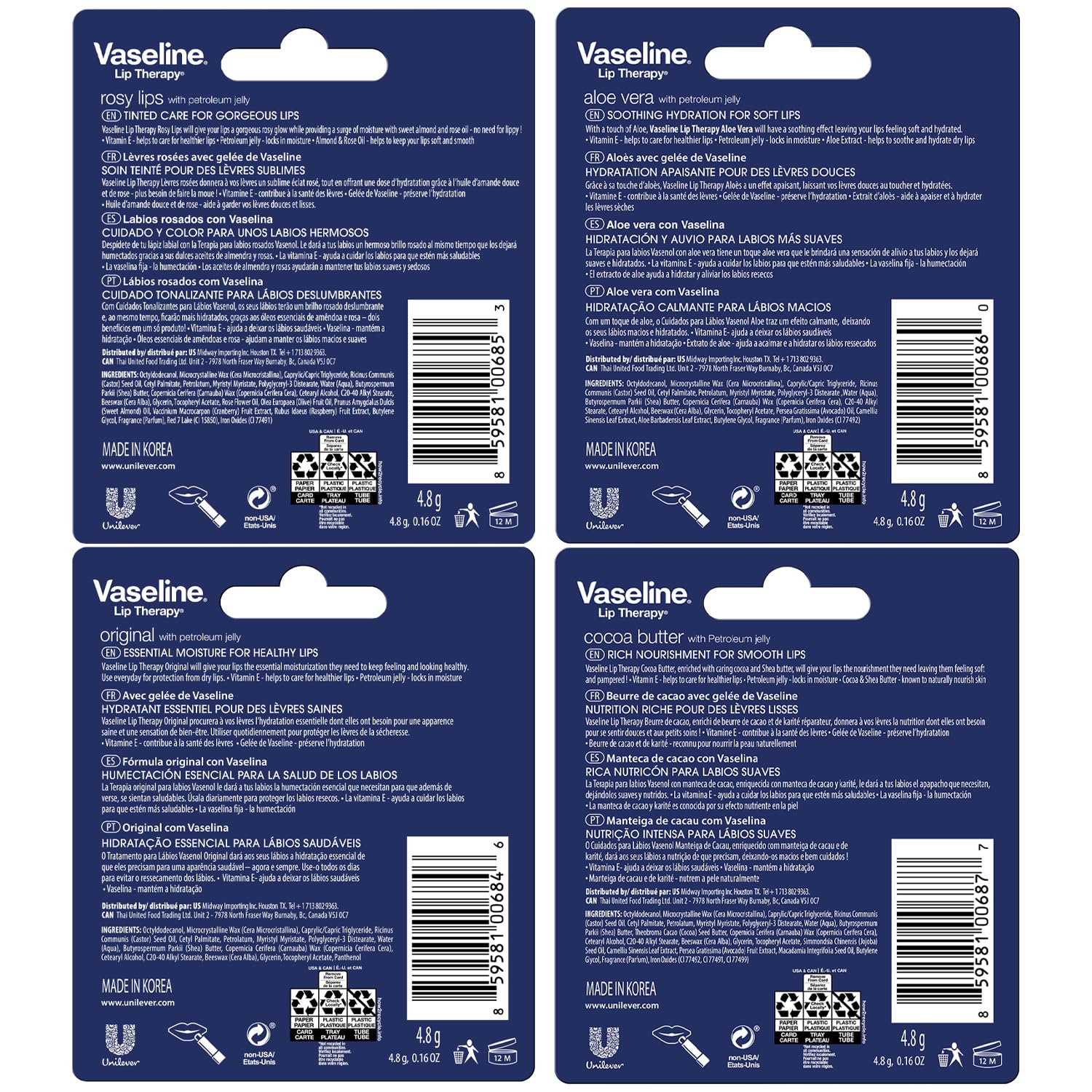 Vaseline Lip Therapy 4-Pack, Moisturizing Lip Balm with Vitamin E, 0.16 Oz Each, Multicolor