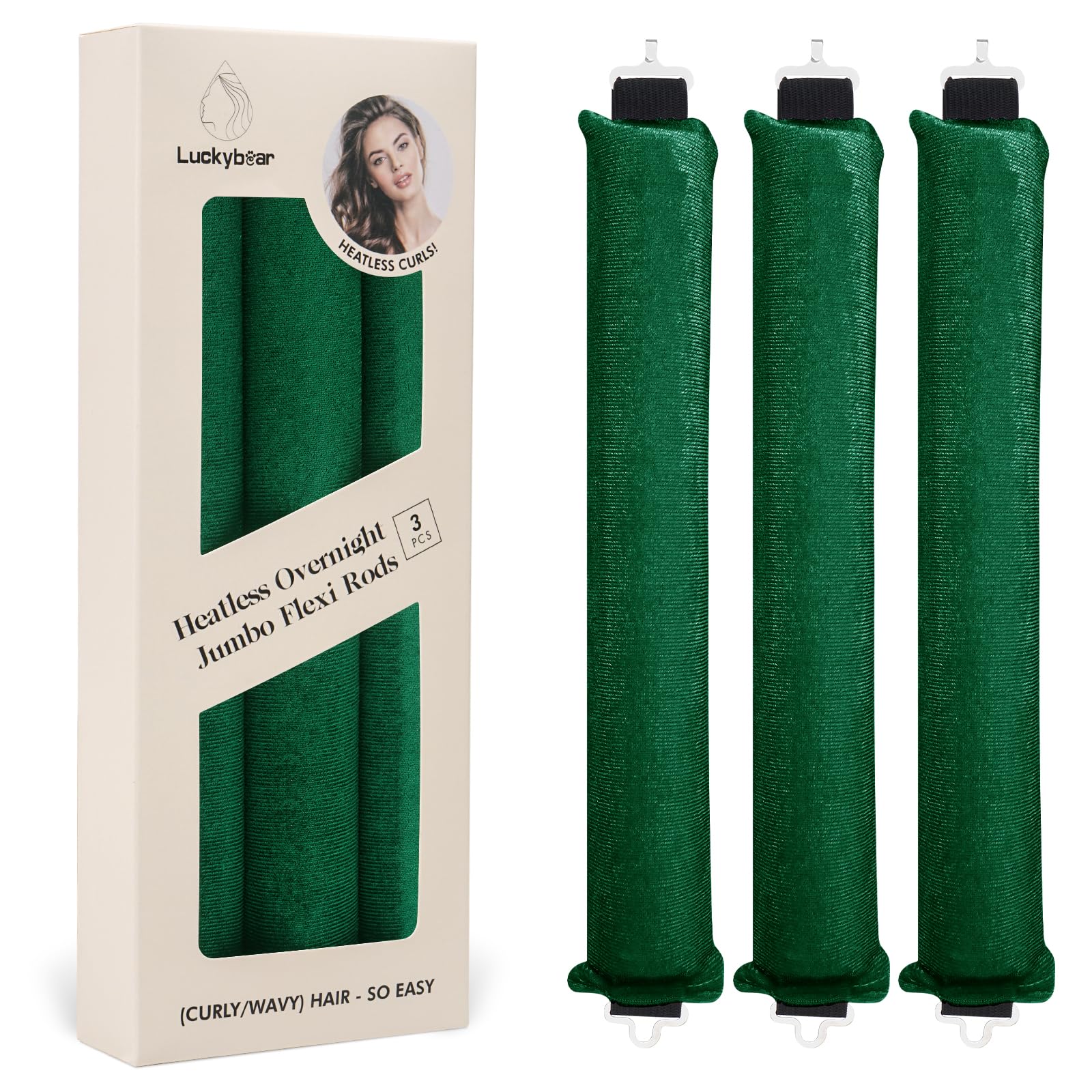 Heatless Hair Curler Rods for Overnight Satin Flexi Curls, Jumbo No-Heat Sleeping Styling Tools for All Hair Types - 3pcs Green