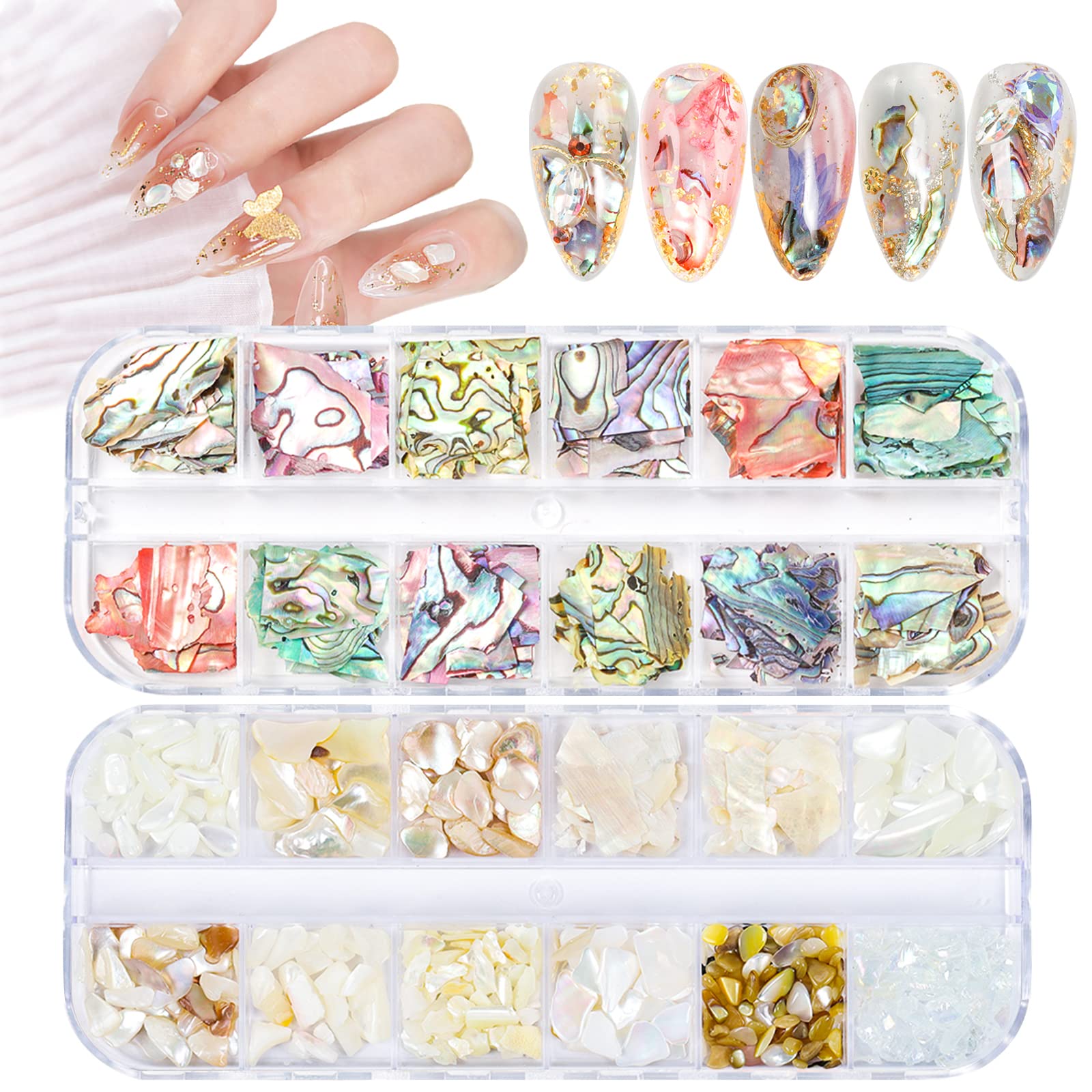 24 Grids Seashell Nail Art Slices Nail Flakes, Wsimily 3D Irregular Abalone Shell Slices Nail Art Slices Sequins Design Colorful