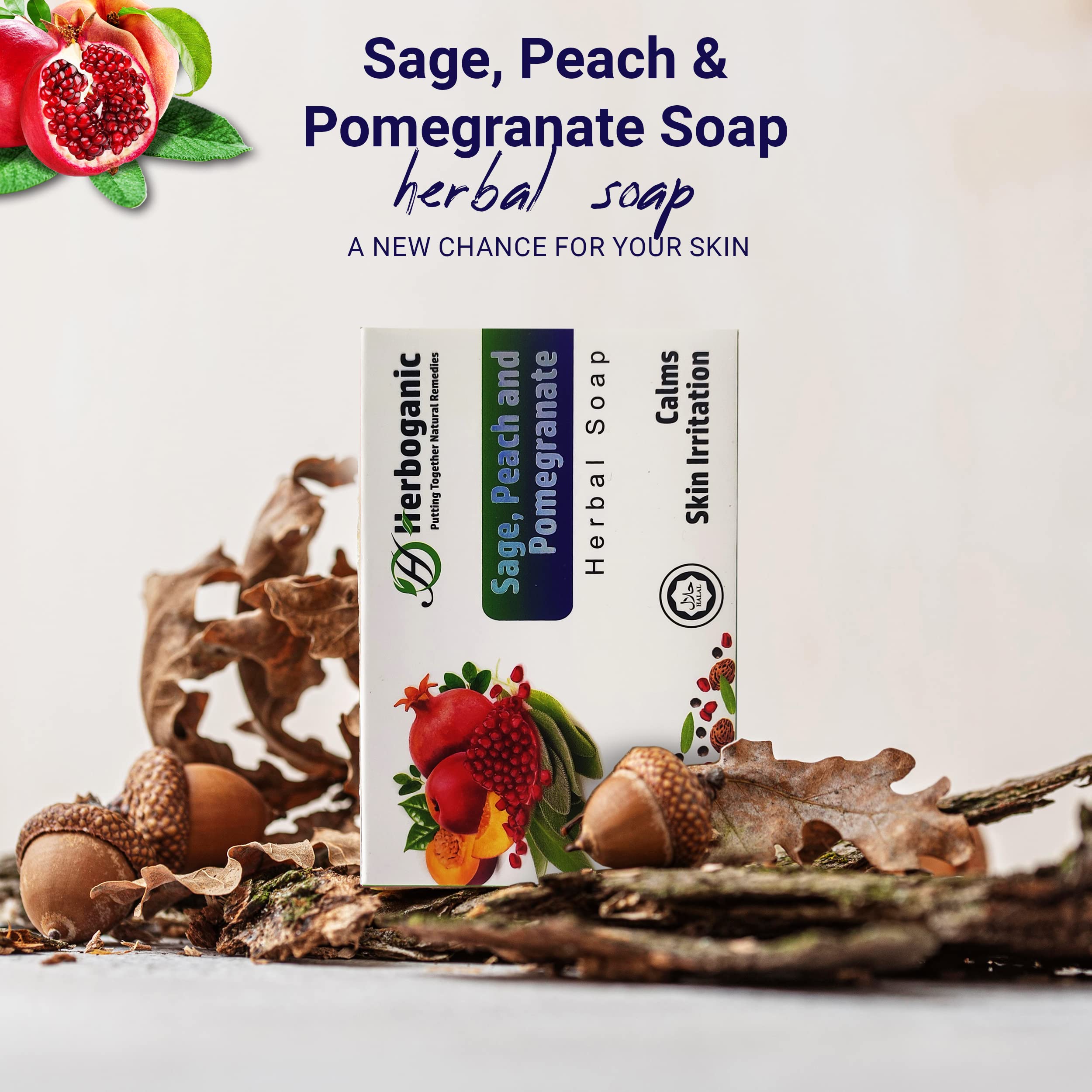 HERBOGANIC Sage, Peach and Pomegranate Herbal Soap | Pack of 3 of 5oz soap Bar | Natural Bar Soap for Face and Body | Hydrating