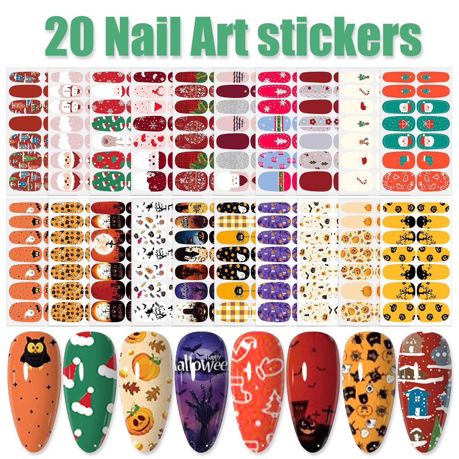 Wokoto 20 Sheets Mixed Halloween Christmas Nail Polish Strips Full Nail Wraps Stickers For Women Nail Art Pumpkin Bat Ghost Witc