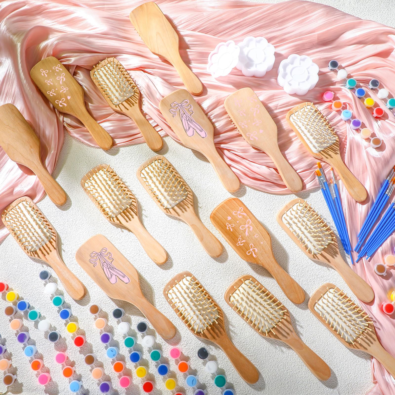 Meanplan 16 Set DIY Wooden Hairbrush Painting Kits Make Your Own Hair Brush Hand-Painted Hairbrush Night Party Supplies with Pai