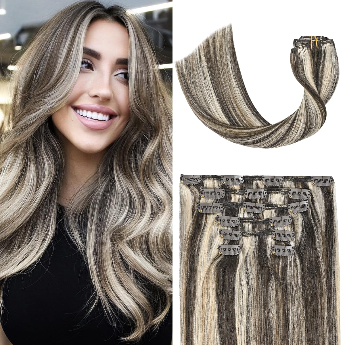 UGOTRAYS Clip in Hair Extensions Dark Brown Mixed Bleach Blonde Highlight Hair Extensions 18 Inch 70g 7pcs Straight Real Human H