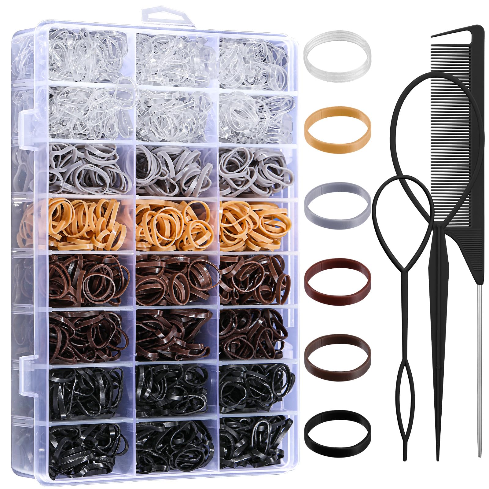 Auroray 2200 Pcs Elastic Hair Ties, 6 Natural Colors Mini Rubber Bands with Hair Tail Tools and Comb, Hair Accessories for Women