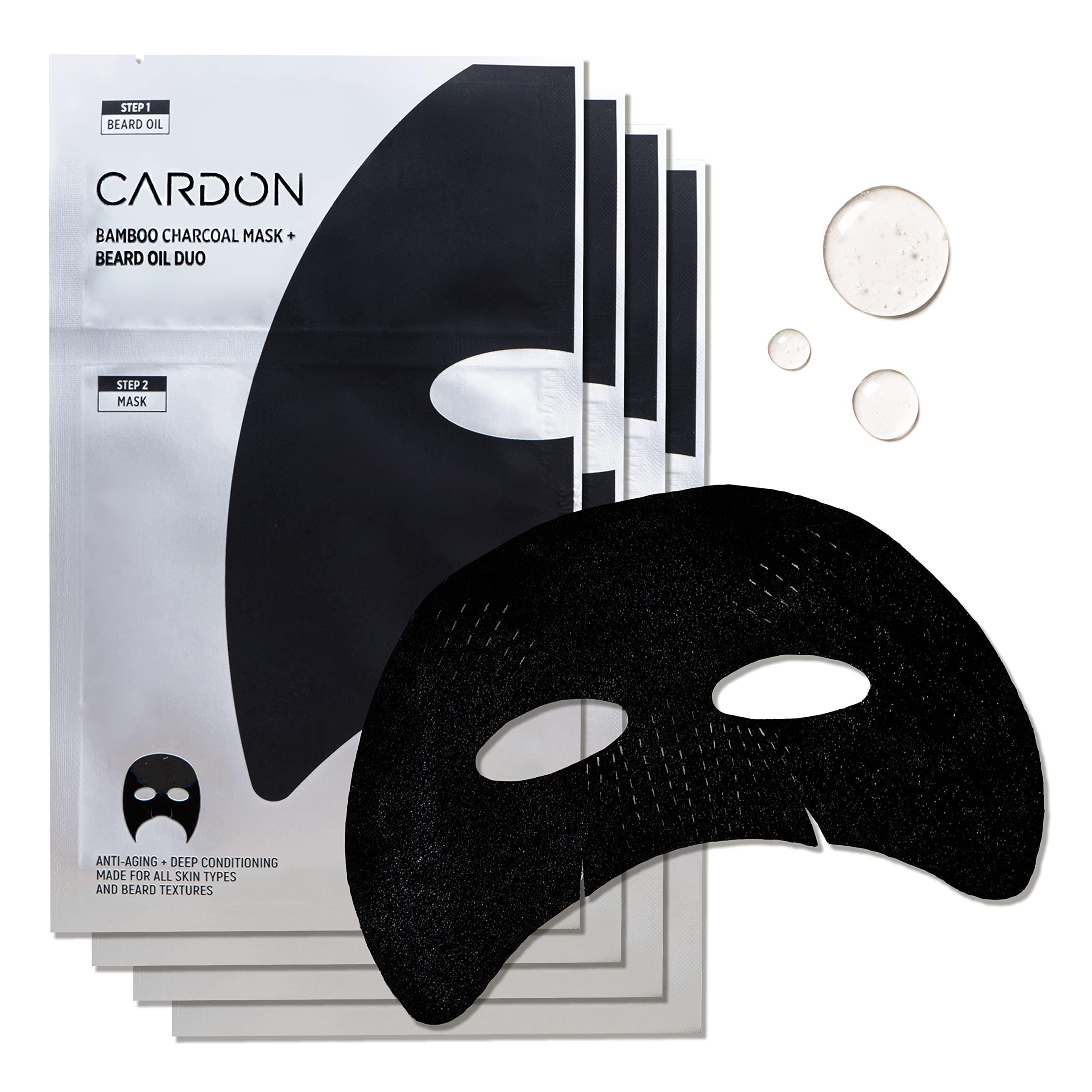 Cardon Face Mask For Bearded Men | Korean Sheet Mask For Men | Bamboo Charcoal Facial Mask And Beard Oil | 4-Pack