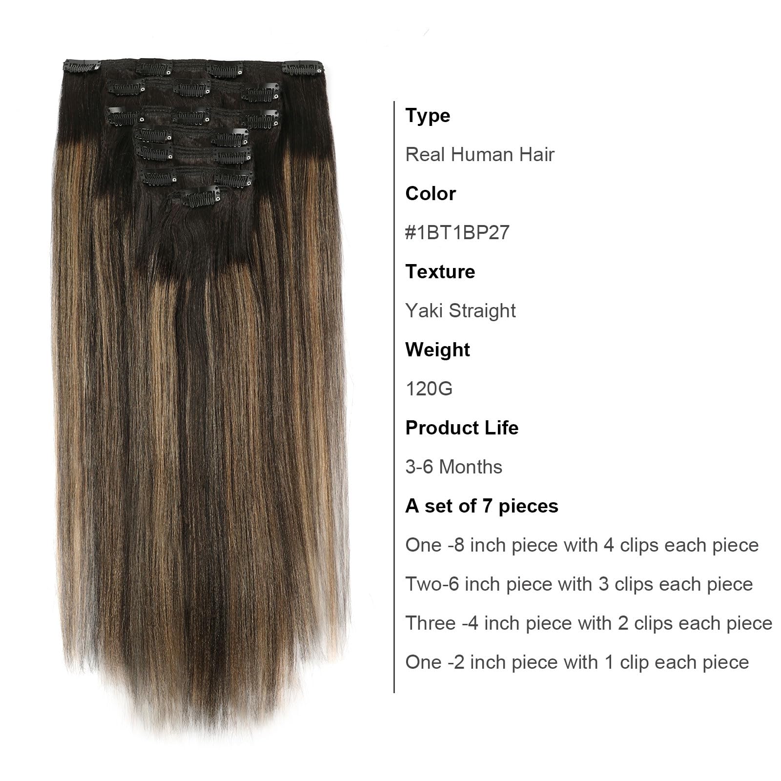 Abh Amazingbeauty Hair Yaki Straight Clip Ins Human Hair Rooted Black Piano Natural Black #1B Mixed With Caramel Blonde #27 Two