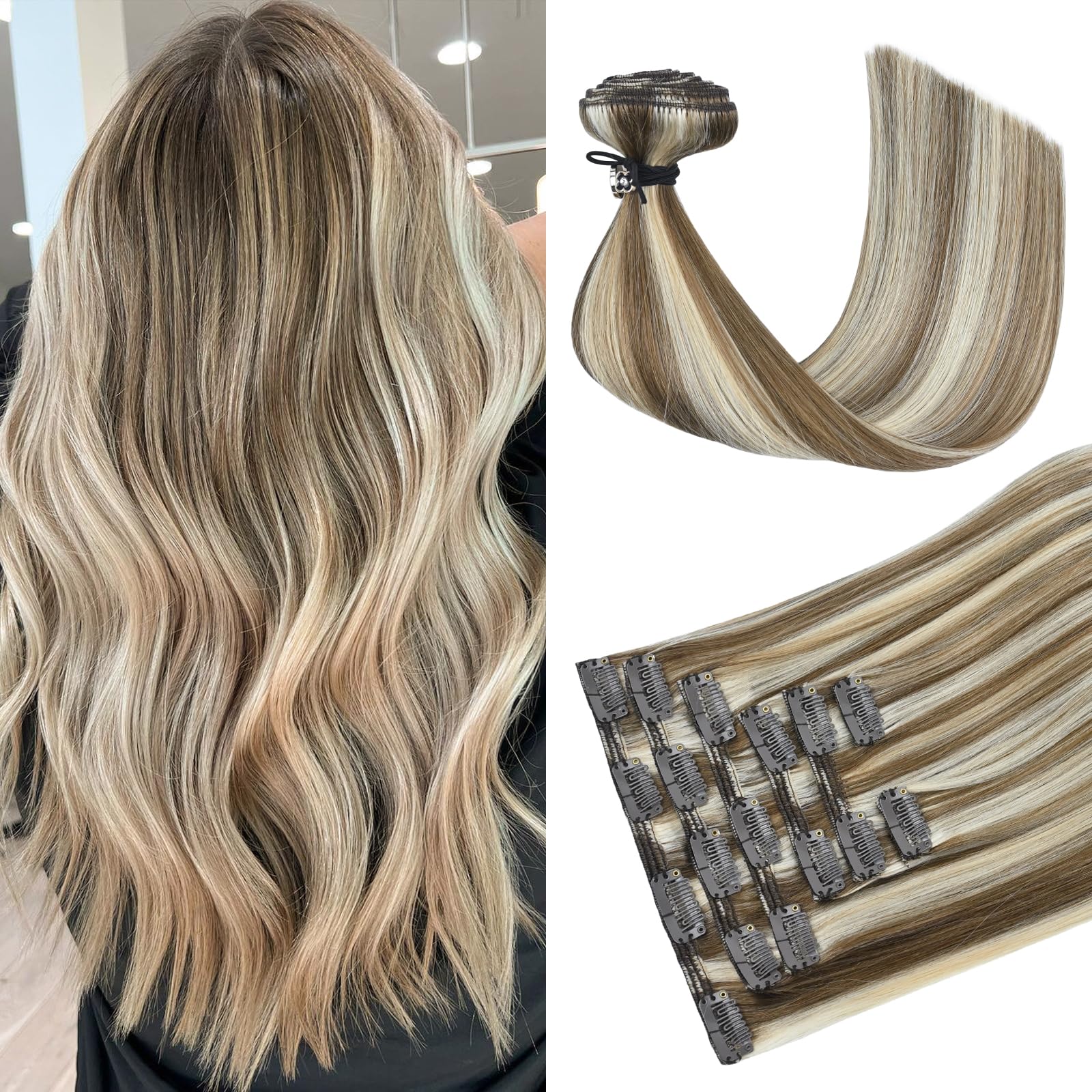 HUAYI Blonde Hair Extensions, Clip in Extensions Real Human Hair Blonde Mixed Platinum Blonde 120g 22inch 7pcs Real Human Hair S