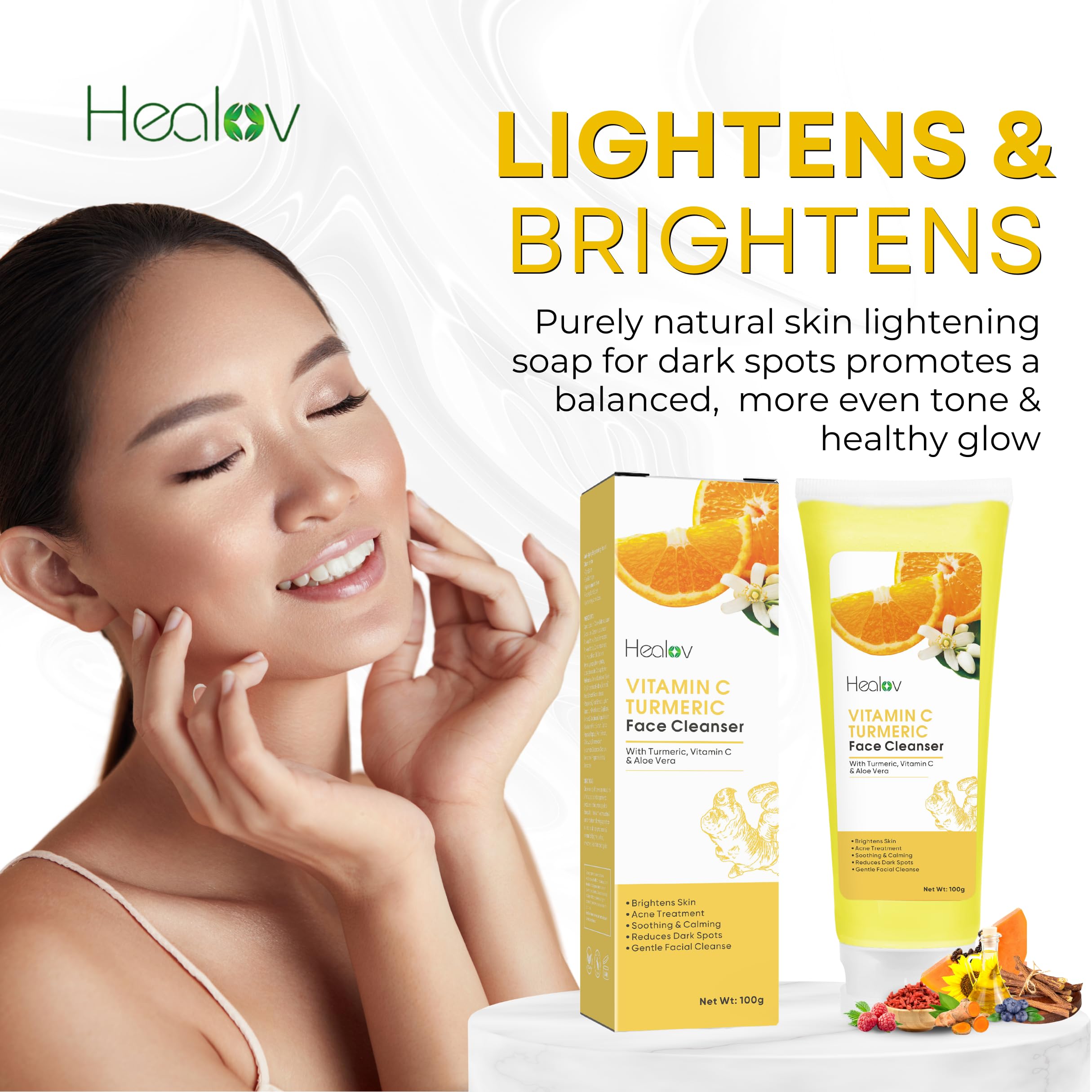 Healov Turmeric Face Wash - Skin Brightening Liquid Soap for Discoloration - Natural Anti Aging Exfoliating Facial Cleanser for
