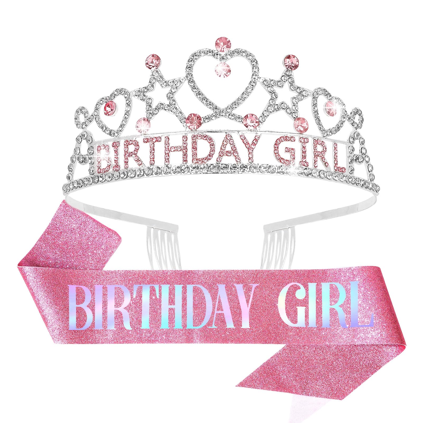 CIEHER Birthday Girl Crown and Sash Set for Birthday Decorations Gifts for Women Girls - Pink 1