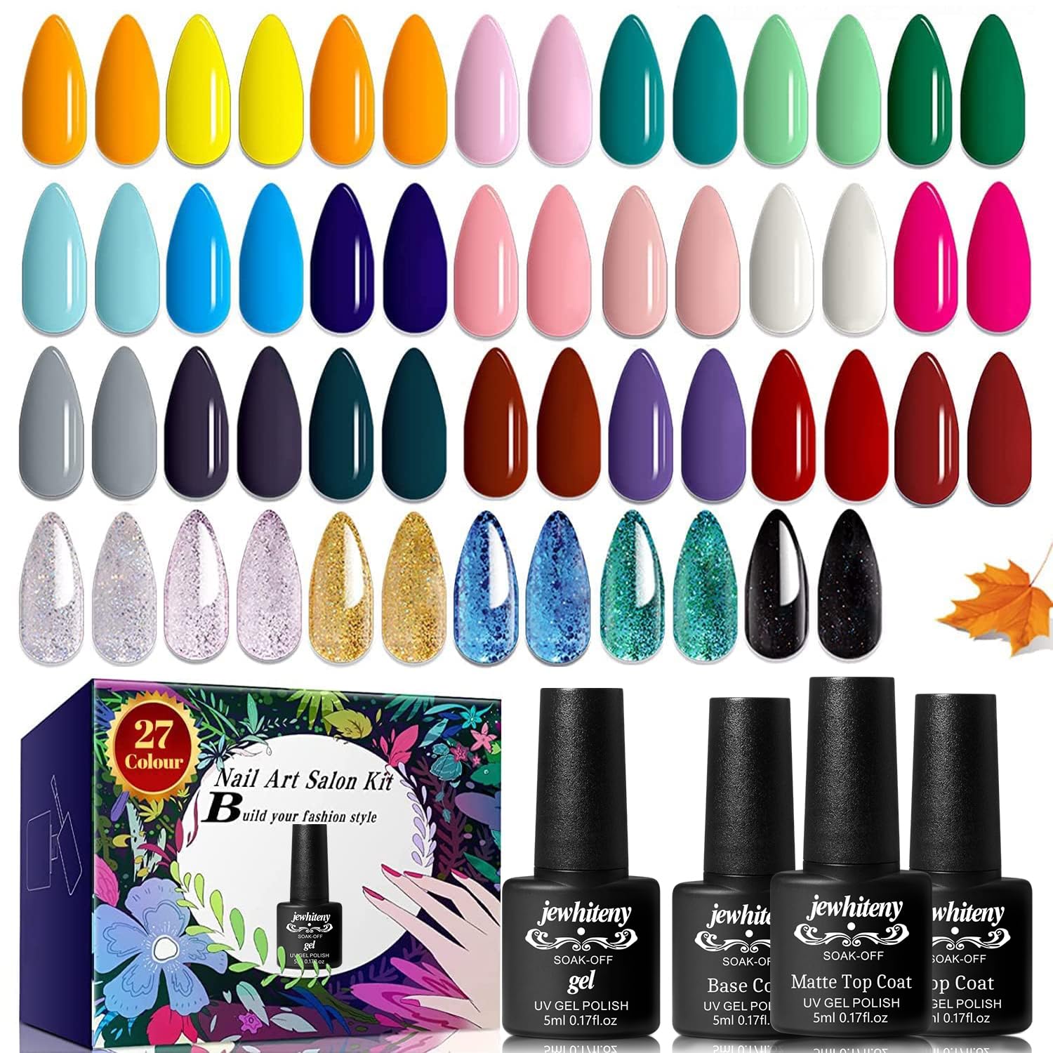 JEWHITENY 30PCS Nail Polish Kit 27 Colors Green Blue Pink Orange Gitter Sock Off Gel Polish with Matte& Glossy Top Base Coat for