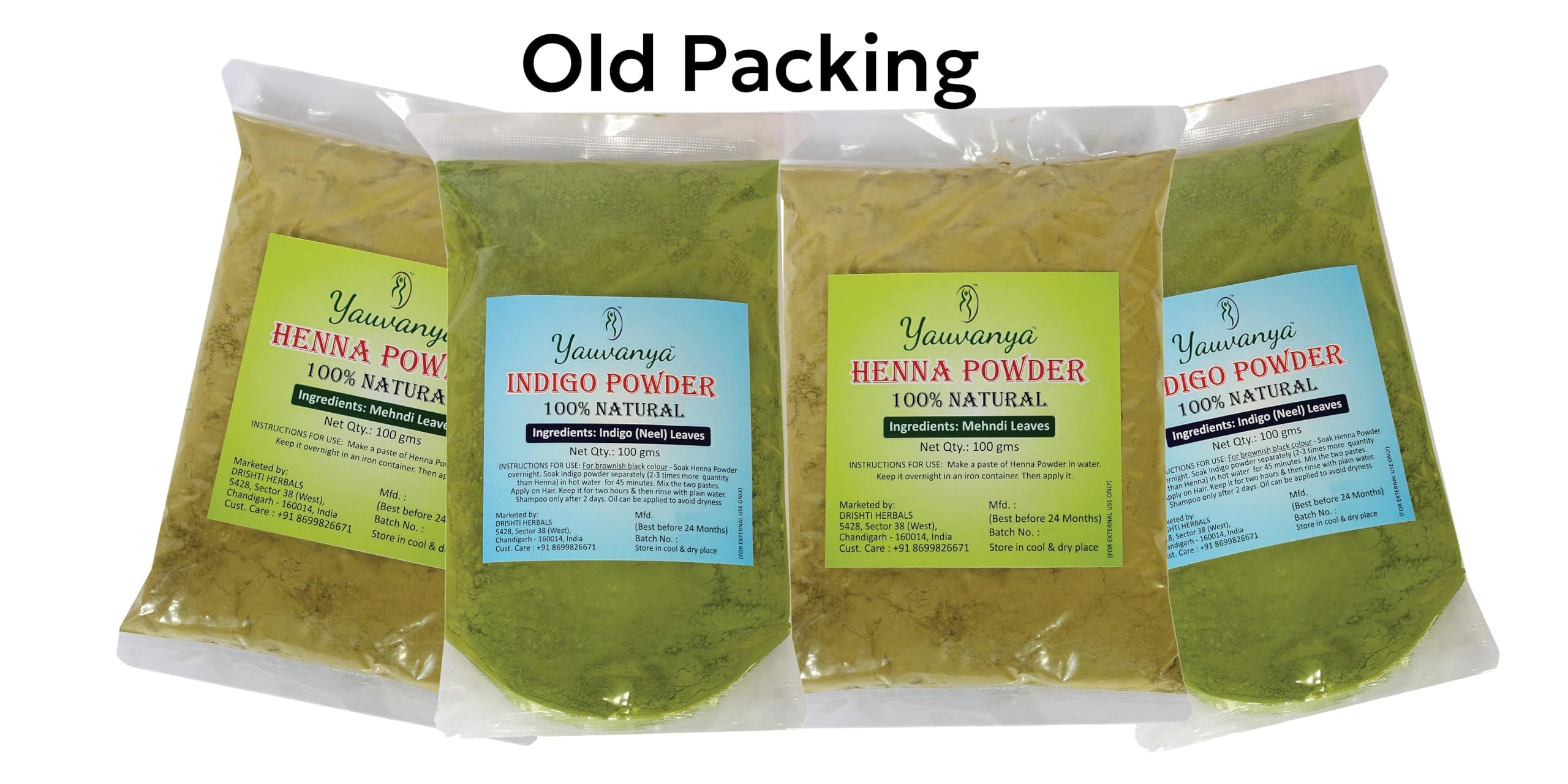 Yauvanya Combo 100% pure Henna powder for hair 2X100 gms + Yauvanya 100% pure Indigo Powder for hair 2X100 gms
