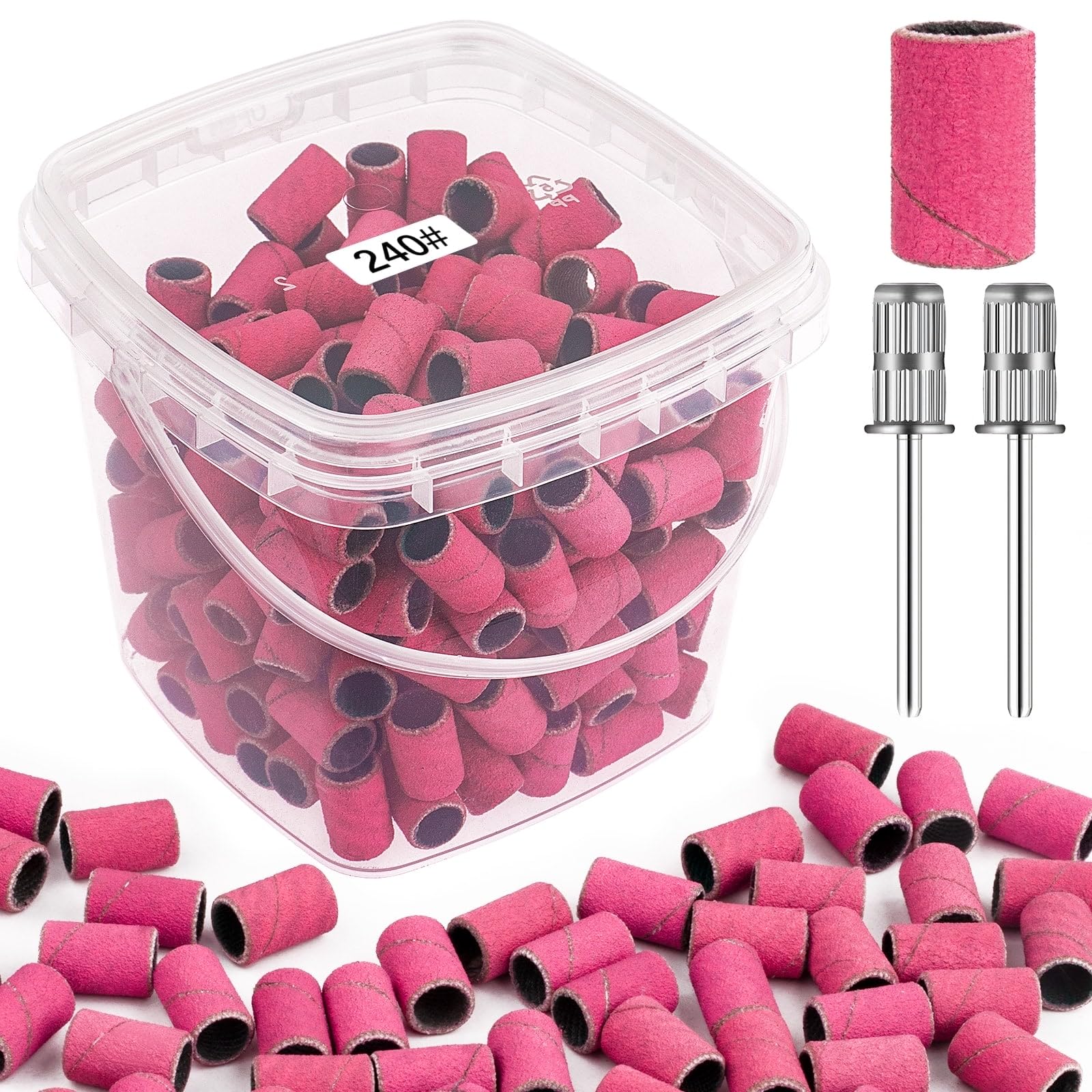Rolybag Sanding Bands for Nail Drill 240 Grit Extreme Fine Nail Sanding Bands 200Pcs Pink Professional Sanding Bands and 2Pcs Na