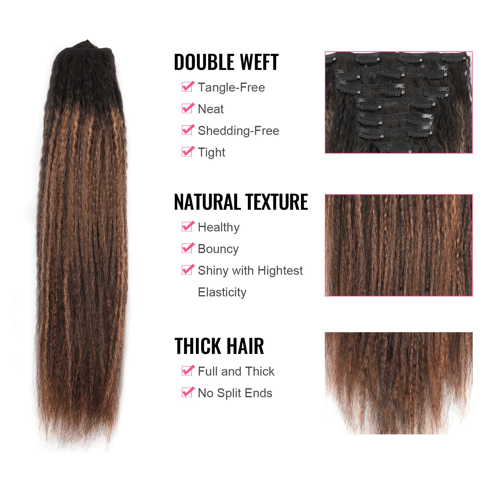 Abh Amazingbeauty Hair Kinky Straight Clip In Hair Extensions Rooted Black Piano Natural Black #1B Fading Into Light Auburn #30
