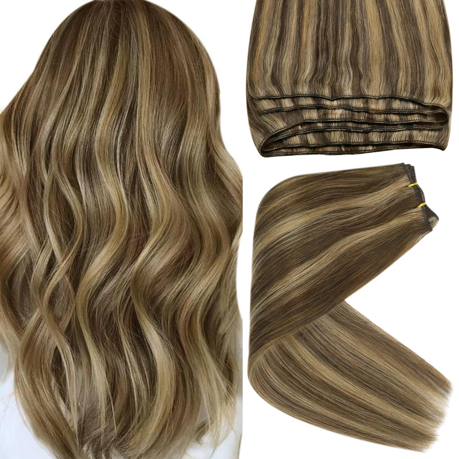 Sunny Sew in Hair Extensions Real Human Hair 22inch Weft Extensions Brown Sew in Human Hair Extensions Highlights Dark Brown wit