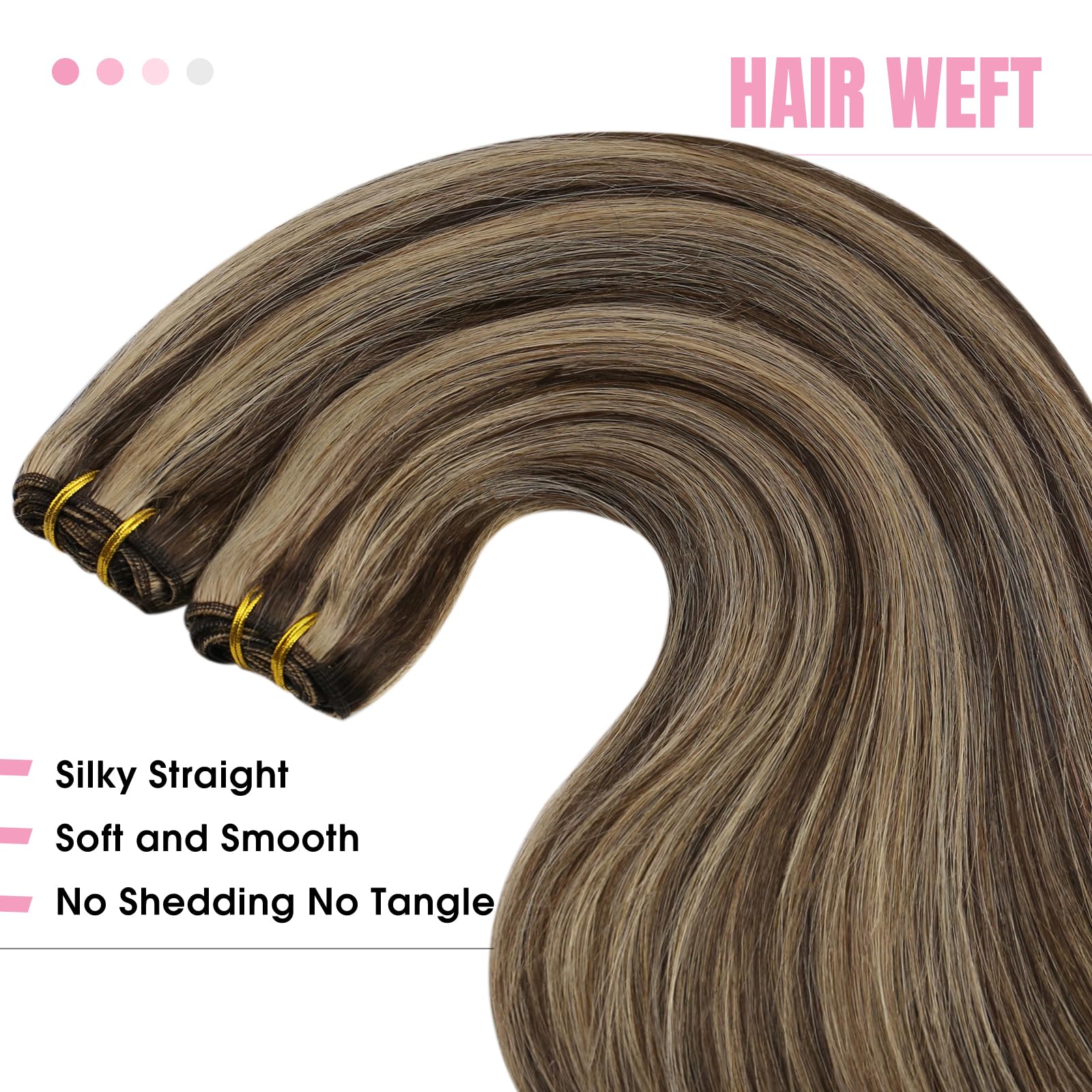 YoungSee Sew in Hair Extensions Real Human Hair Highlights 22Inch 100G Brown Weft Extensions