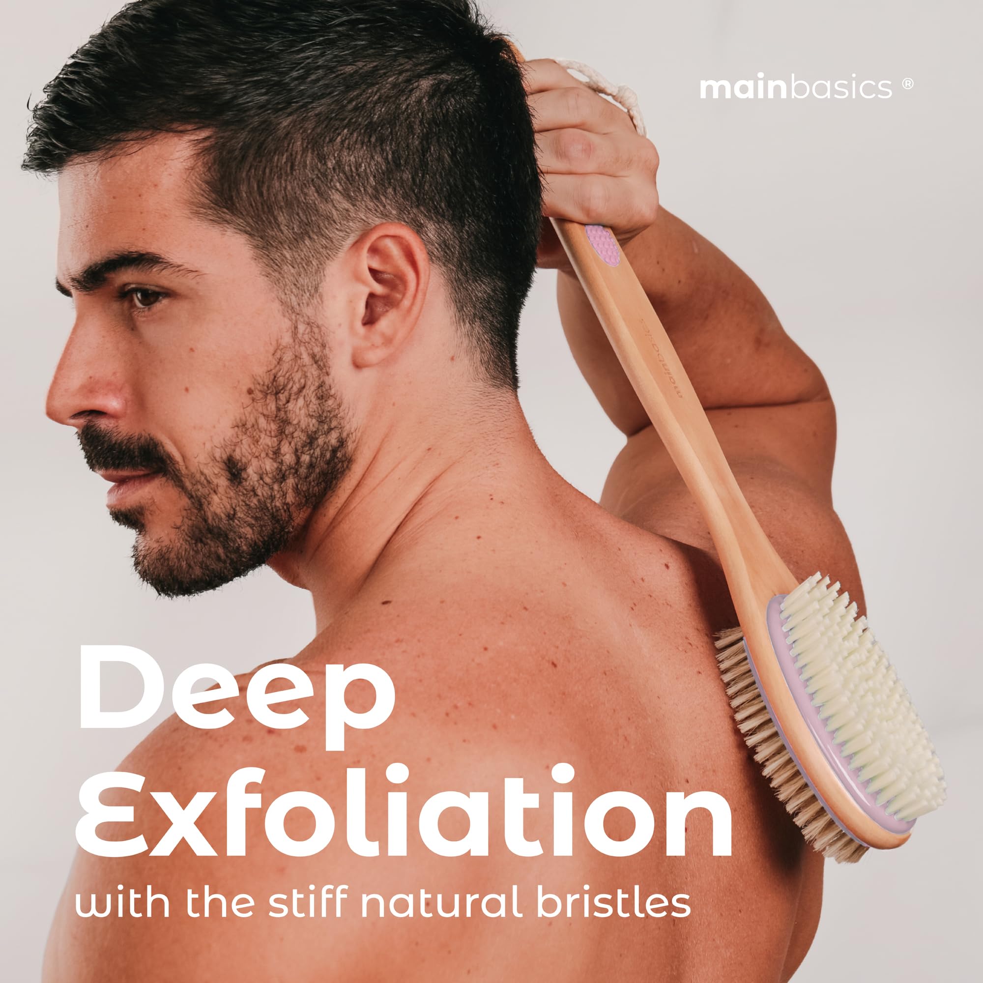 Mainbasics Back Scrubber For Shower Long Handle Back Brush Dual-Sided With Exfoliating And Soft Bristles (Lavender, Wood)
