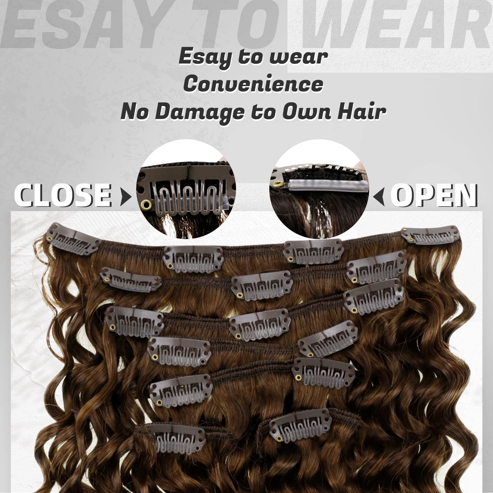 Hetto Curly Clip in Extensions Human Hair #4 Natural Brown Clip in Hair Extensions Remy Hair 18 Inch Wavy Clip in Extensions Bro